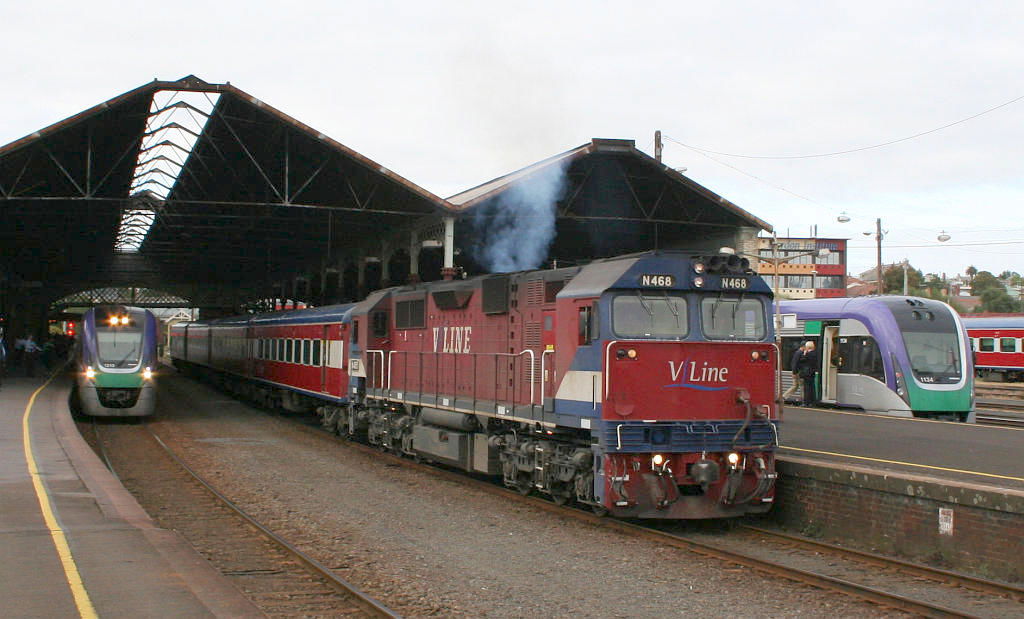 V/line services at Geelong Station, Victoria, Australia
