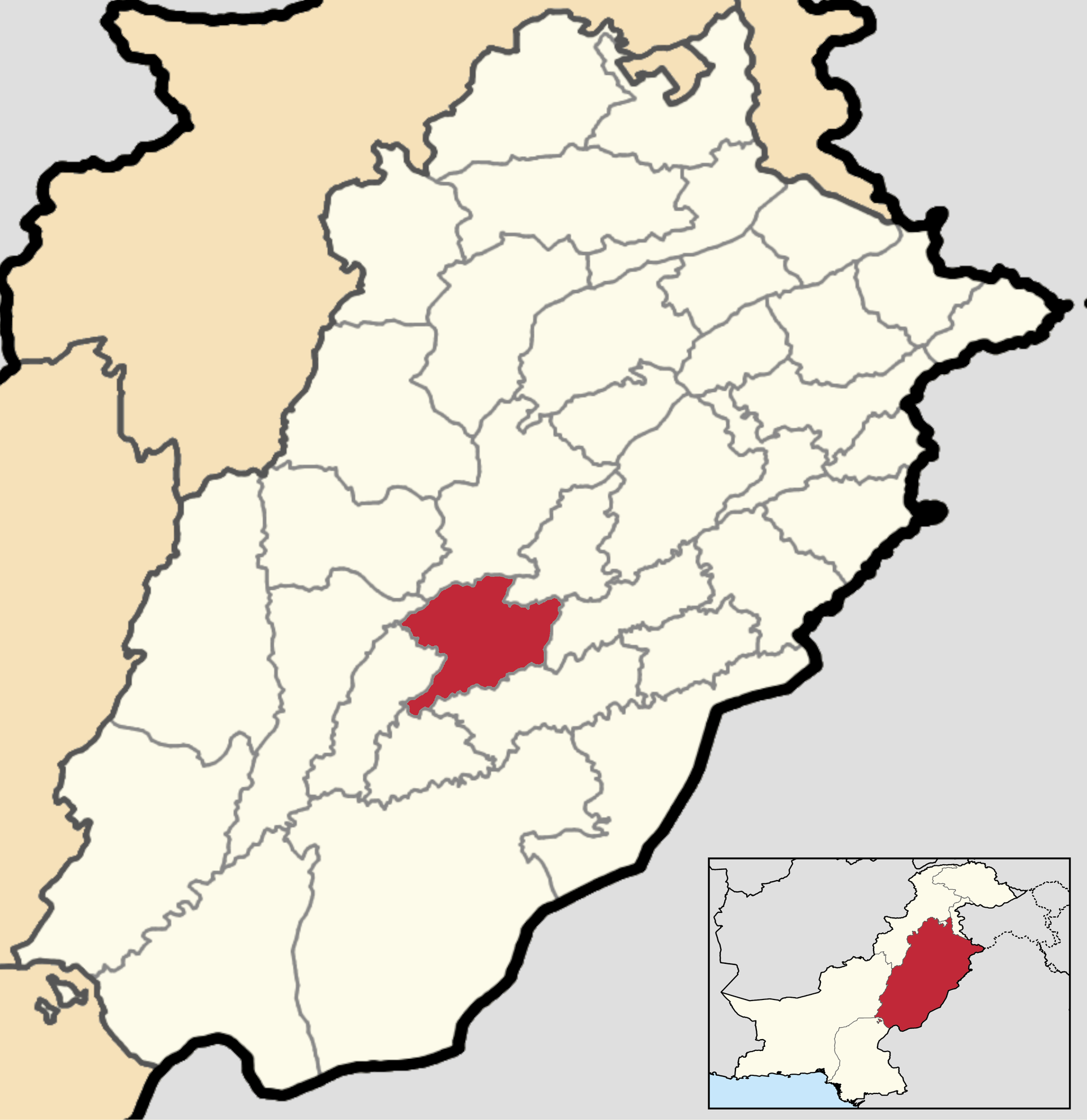 This is a map showing the location of Khanewal District in the …