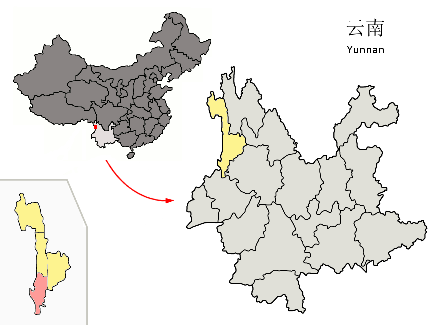 Location of Lushui County (pink) and Nujiang Prefecture (yellow…