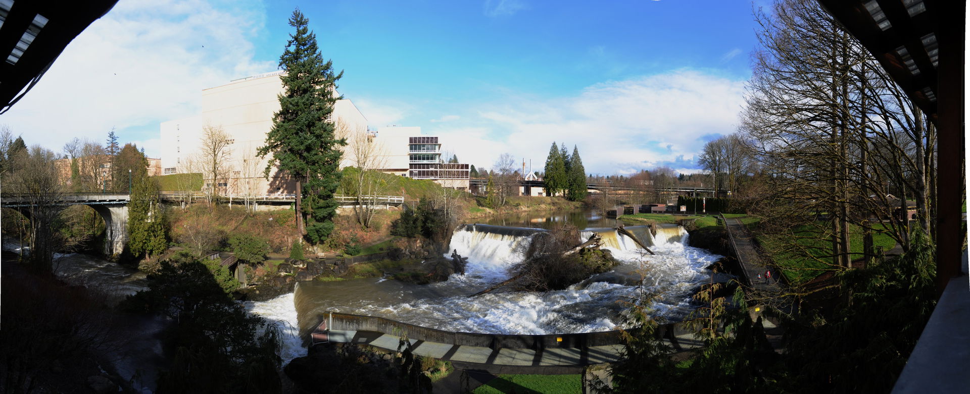 Panoramic view of the falls at Tumwater, Washington.