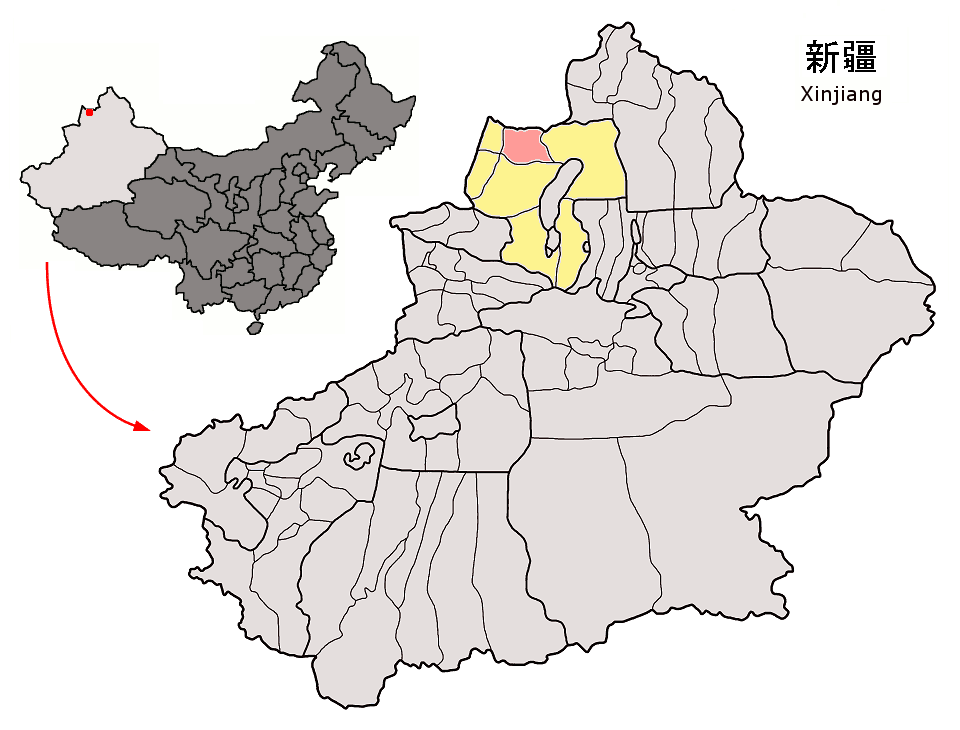 Location of Emin County (pink) and Tacheng Prefecture (yellow) …