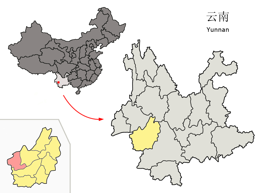 Location of Zhenkang County (pink) and Lincang Prefecture (yell…