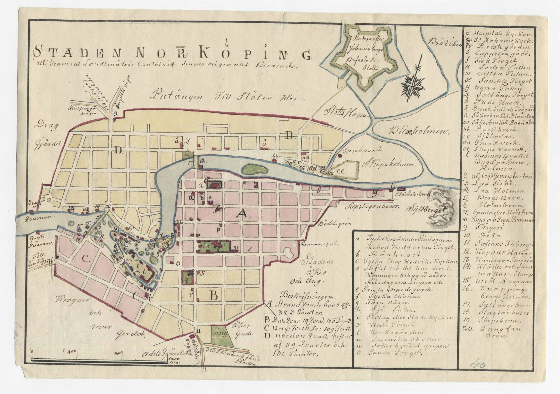 Hand drawn 18th century map of Norrköping, Sweden