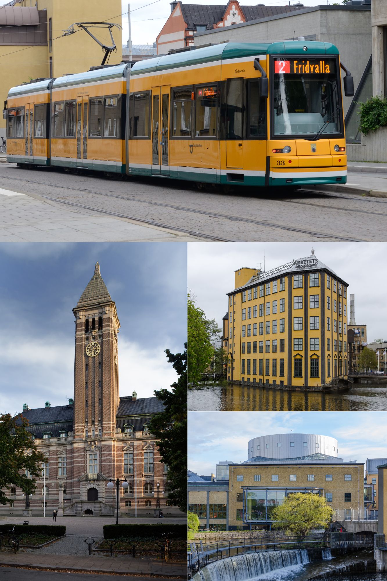 Clockwise from top: Norrköping tram, Strykjärnet, Louis de Geer…