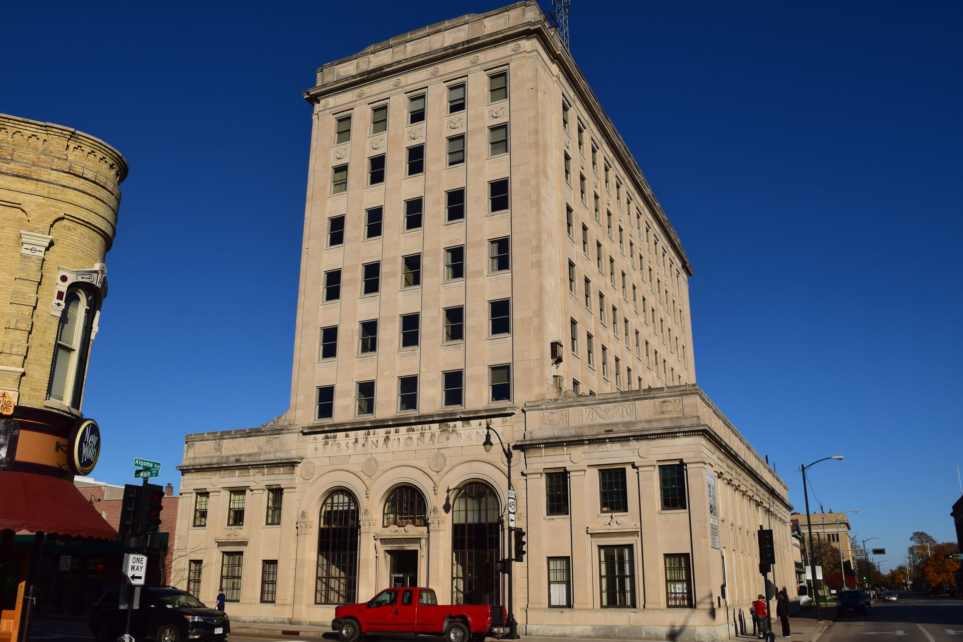The First National Bank building in downtown Oshkosh, Wisconsin.