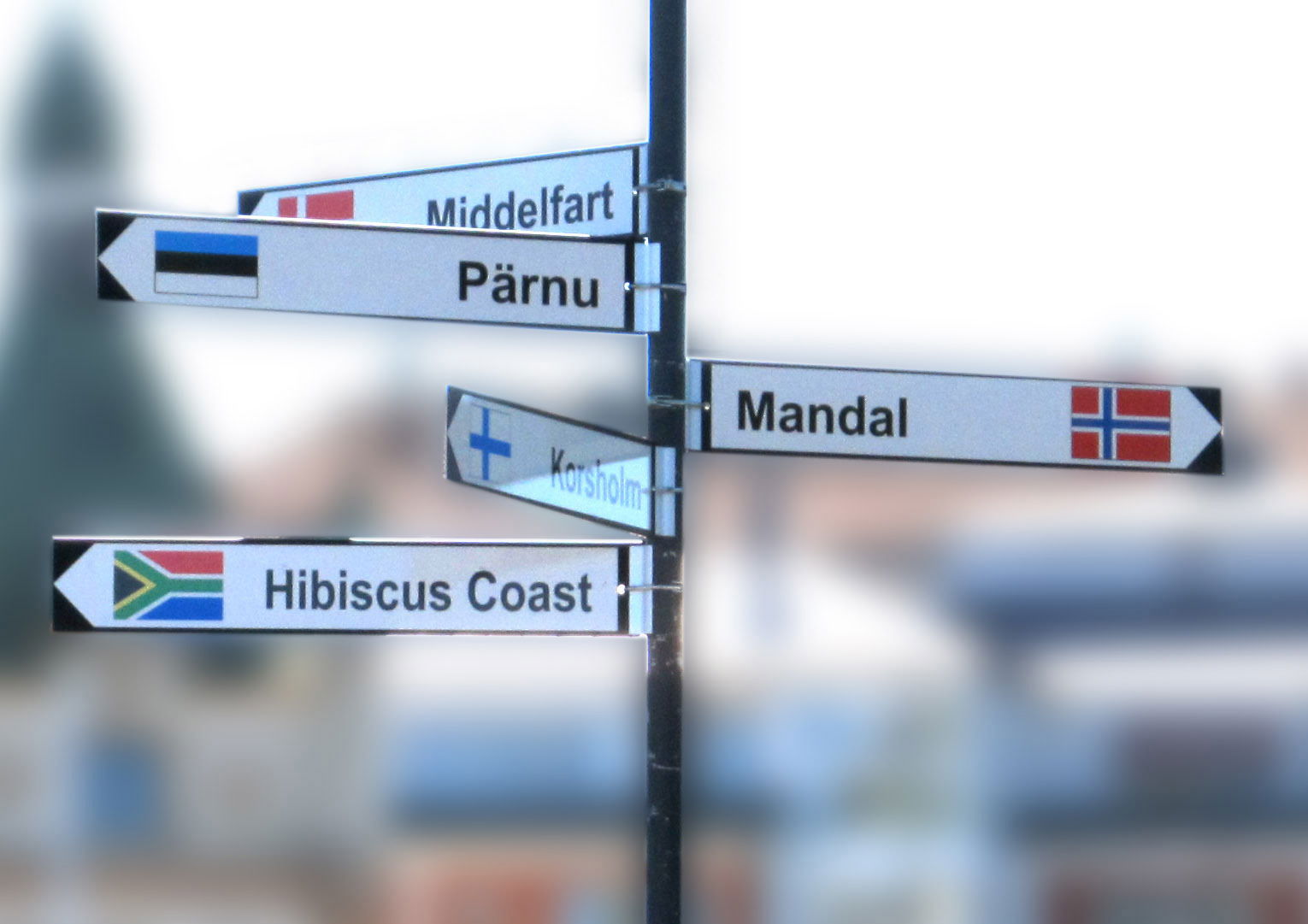 SIgn showing twin towns of city of Oskarshamn, Sweden.