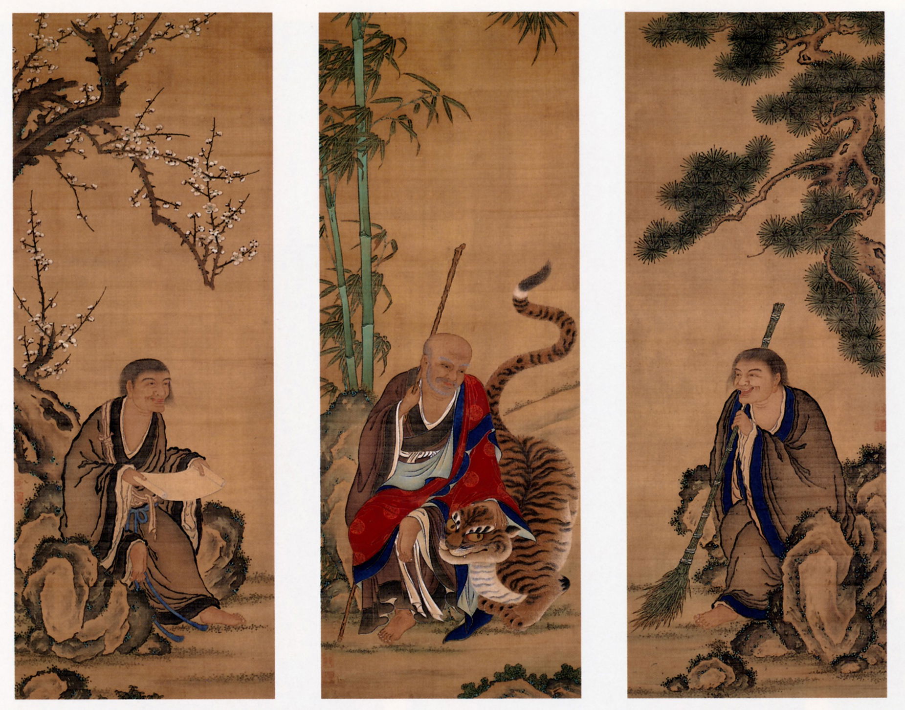 Fengkan Hanshan and Shade, Ueno Jakugen, Triptych hanging scrol…