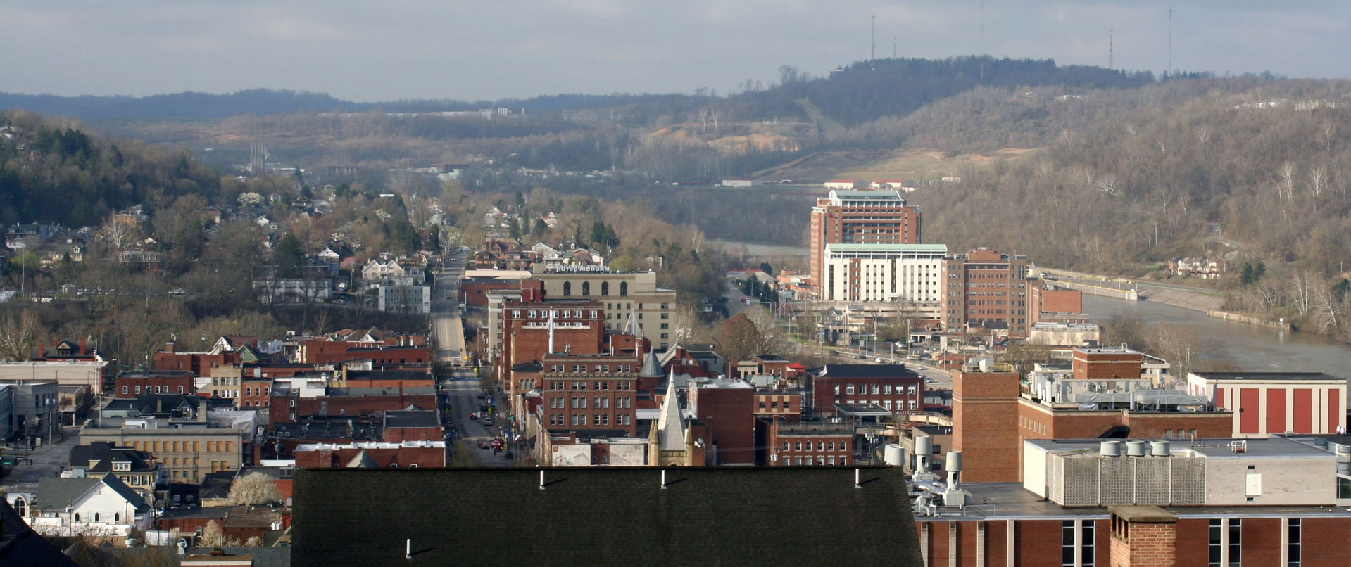 Skyline of Morgantown, seen from a hill.
