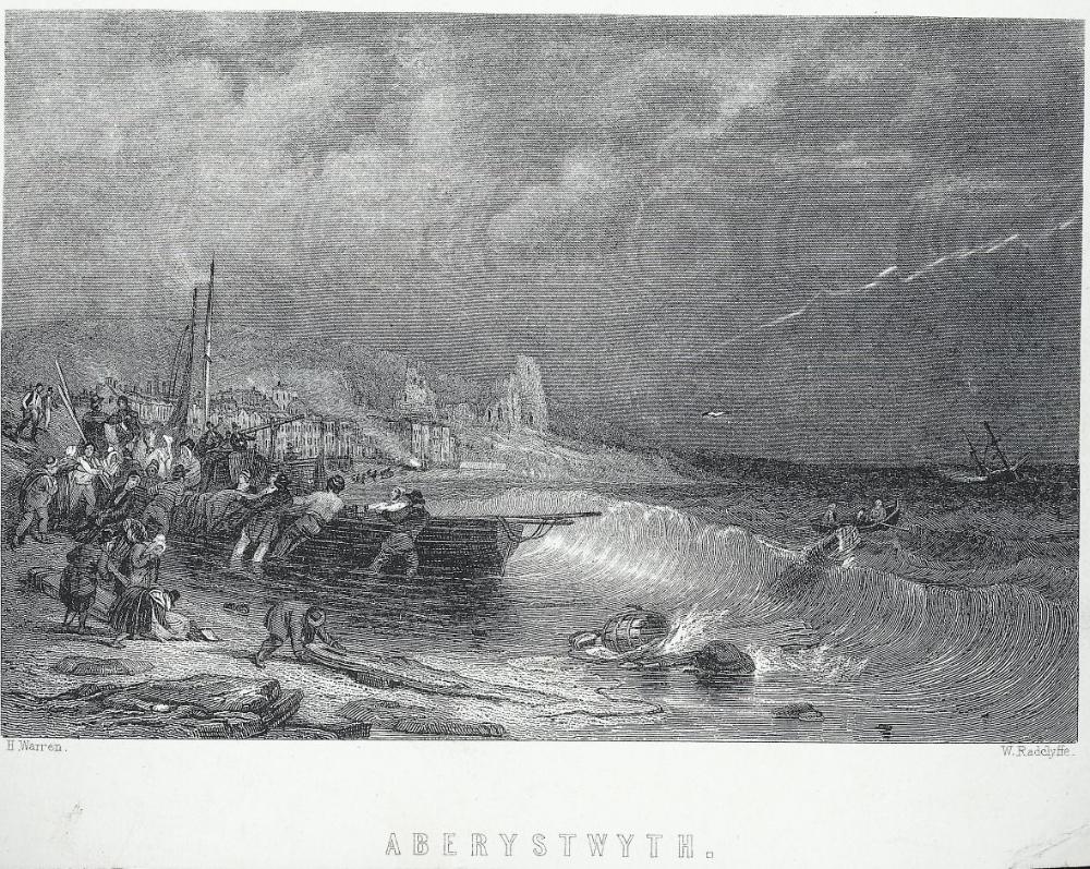 People pulling a boat ashore in a stormy sea, castle and houses…