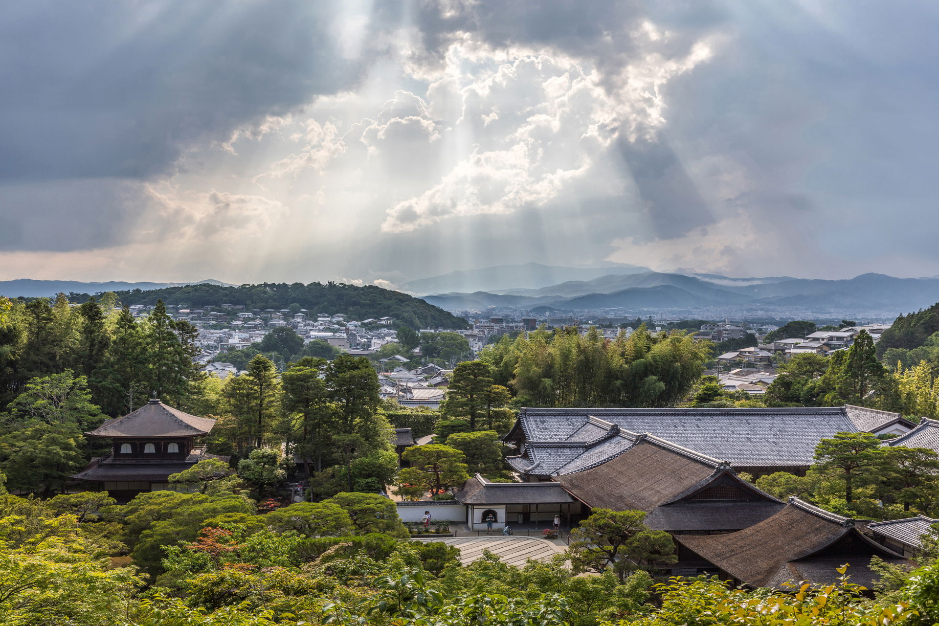 Sunlight through clouds and lookout view of Ginkaku-ji (Temple …