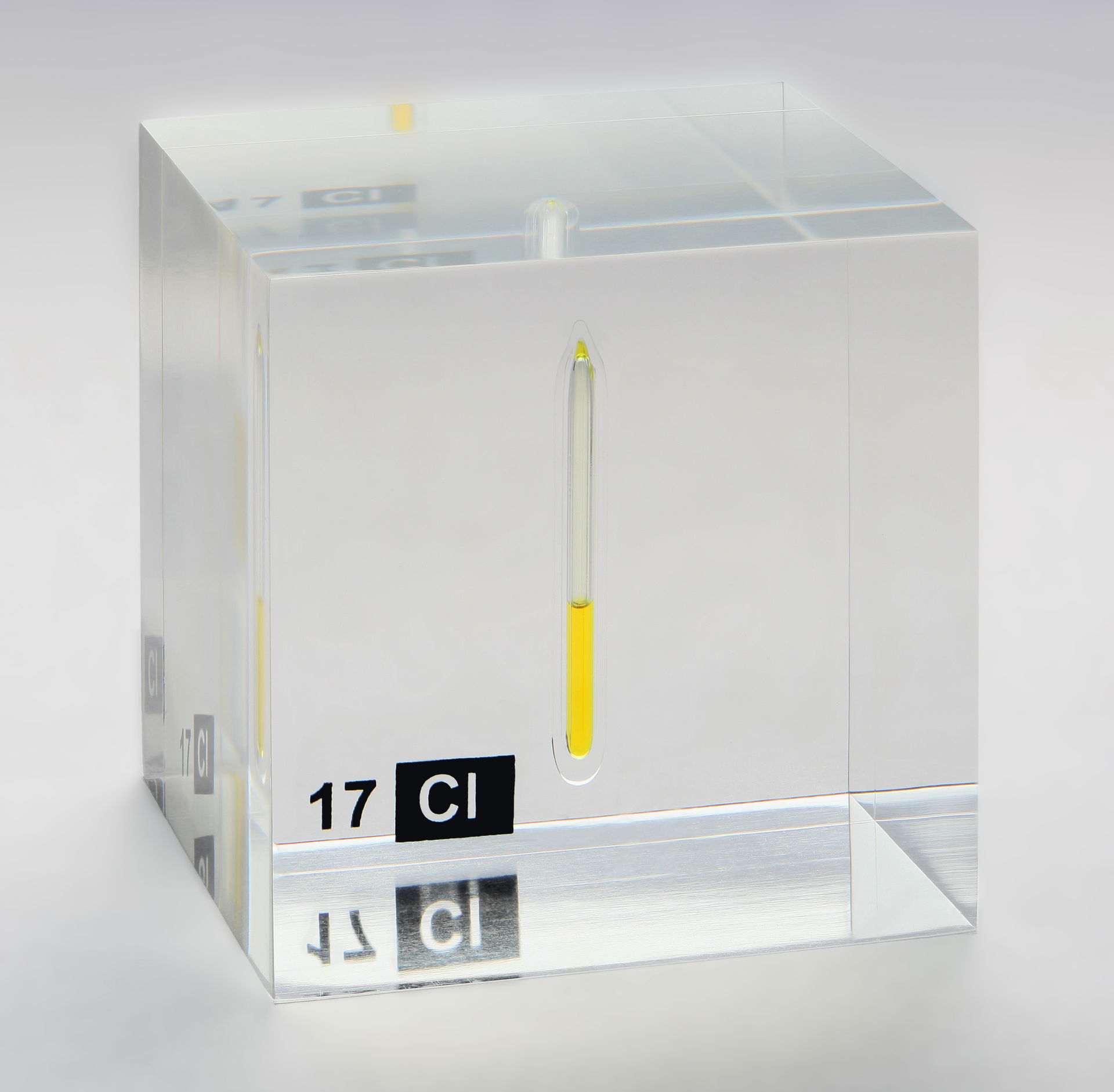 The chemical element chlorine, liquefied under pressure at >…