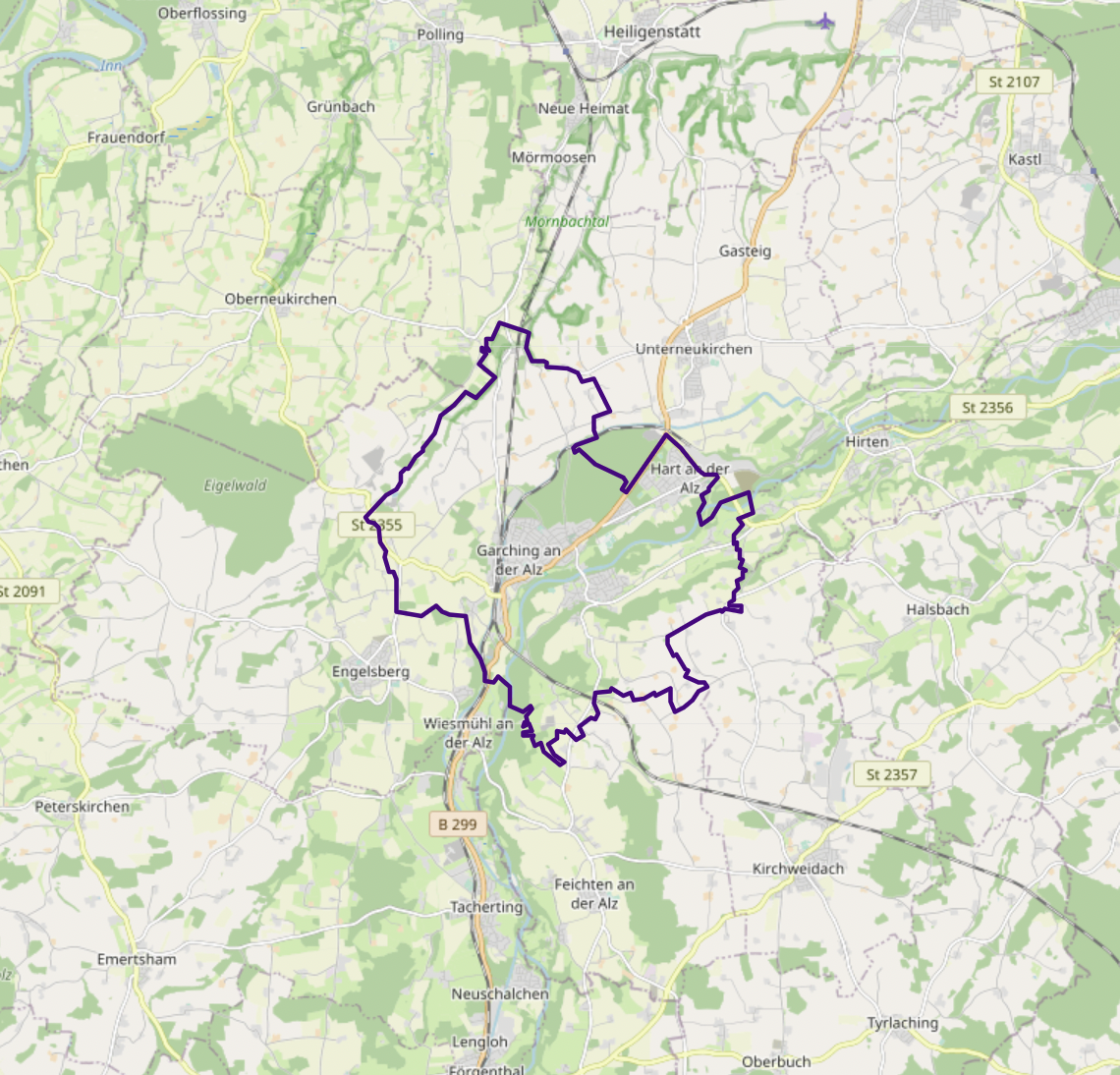 Carte OSM de Garching an der Alz, Bavière