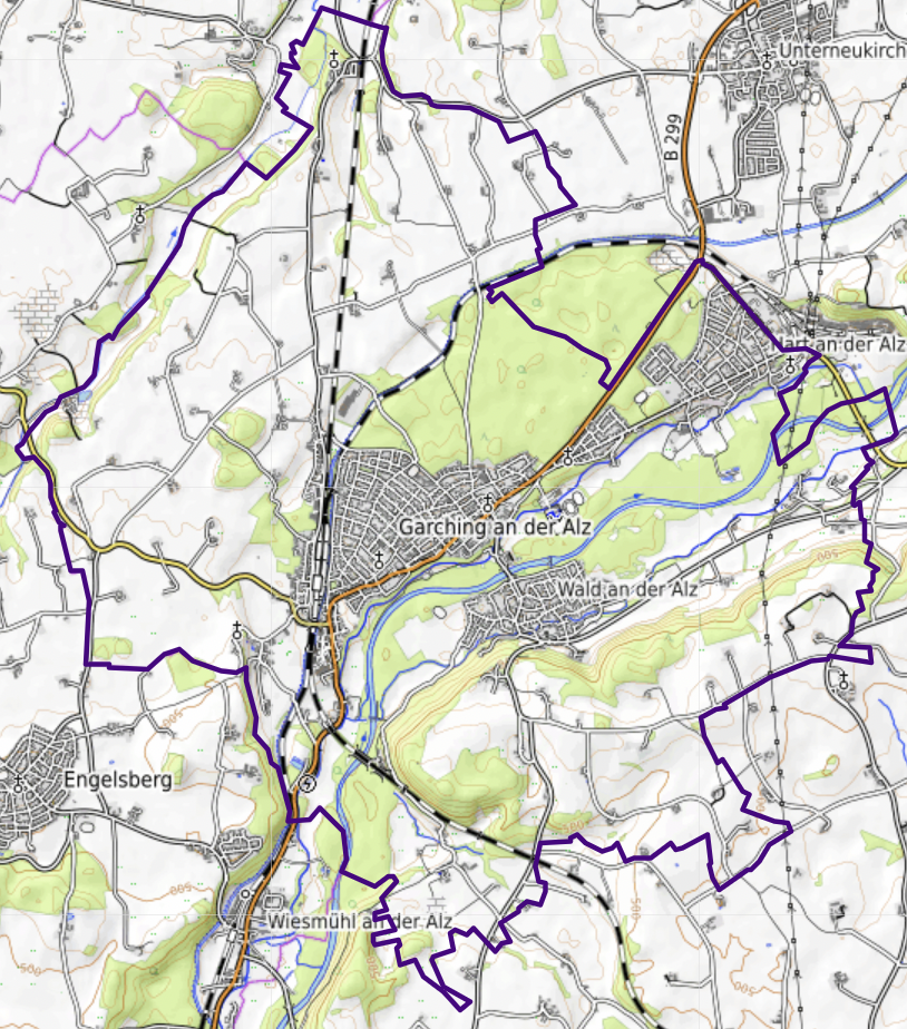 Carte OSM de Garching an der Alz, Bavière