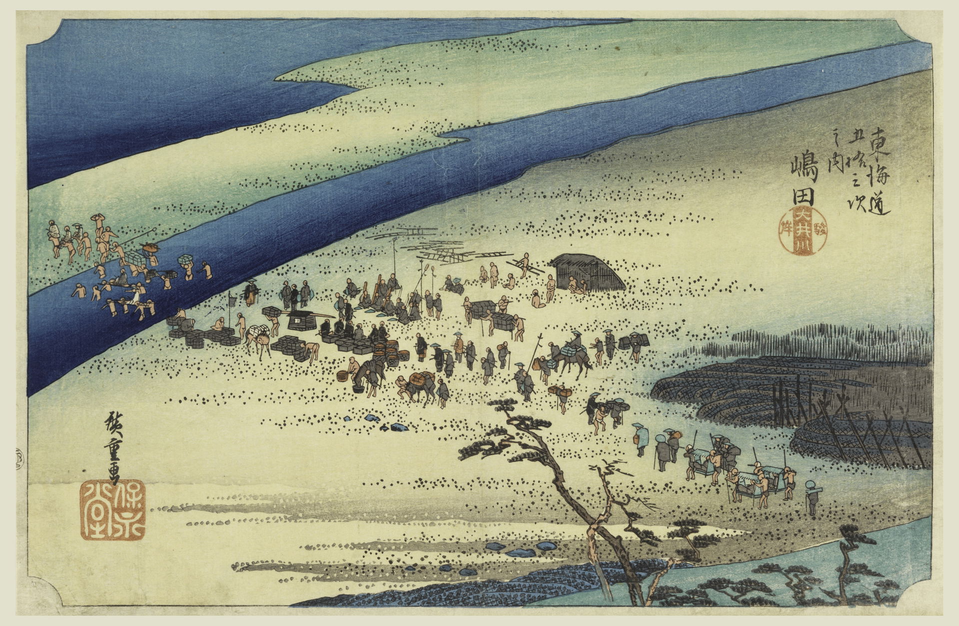 Procession of travelers crossing the first arm of ford of river…