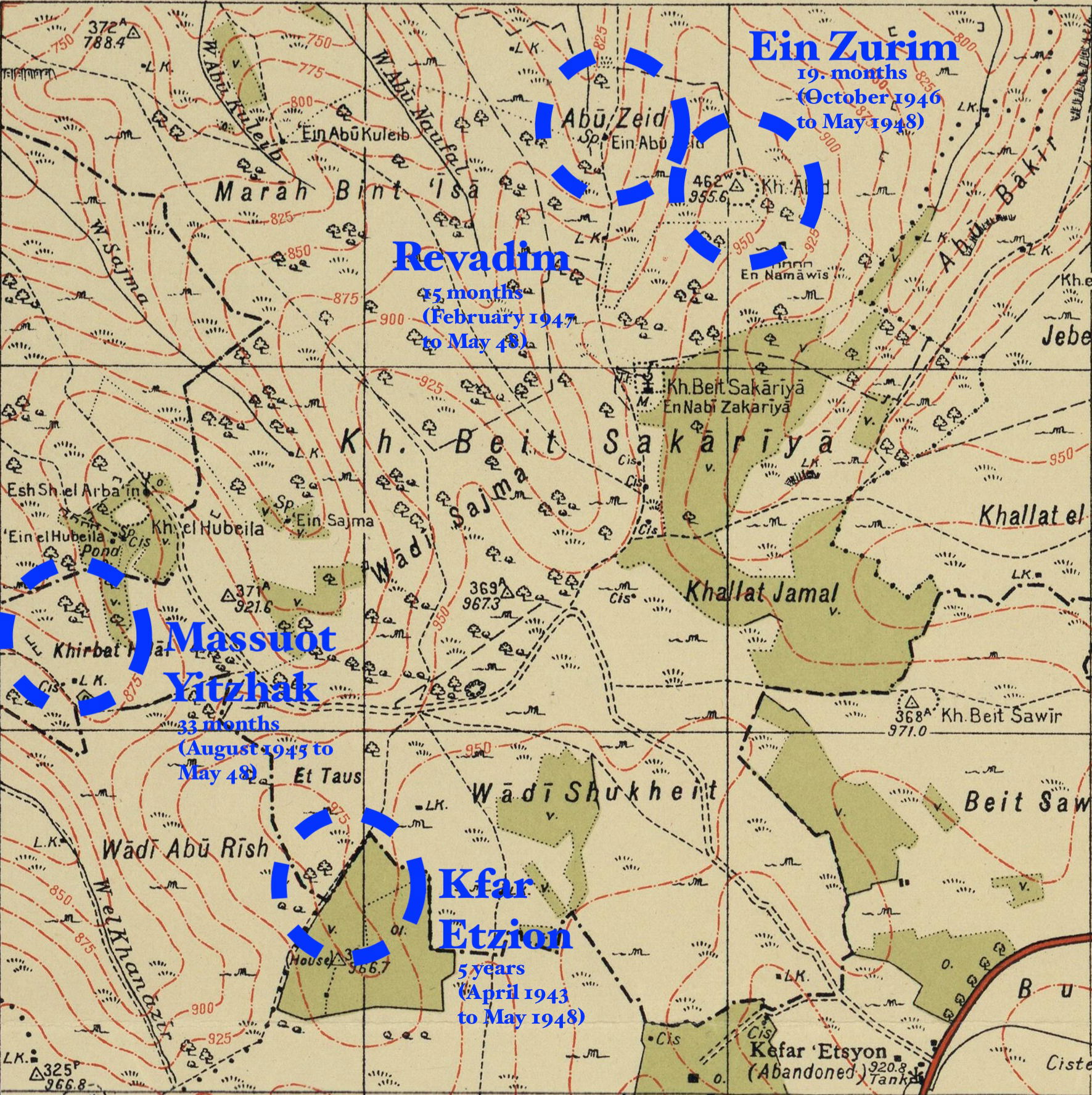 The four kibbutzes of the Gush Etzion Bloc (Kfar Etzion, Ein Zu…