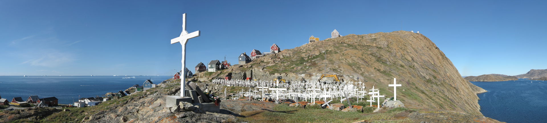 Panorama over Upernavik cemetery from the southern end of the i…