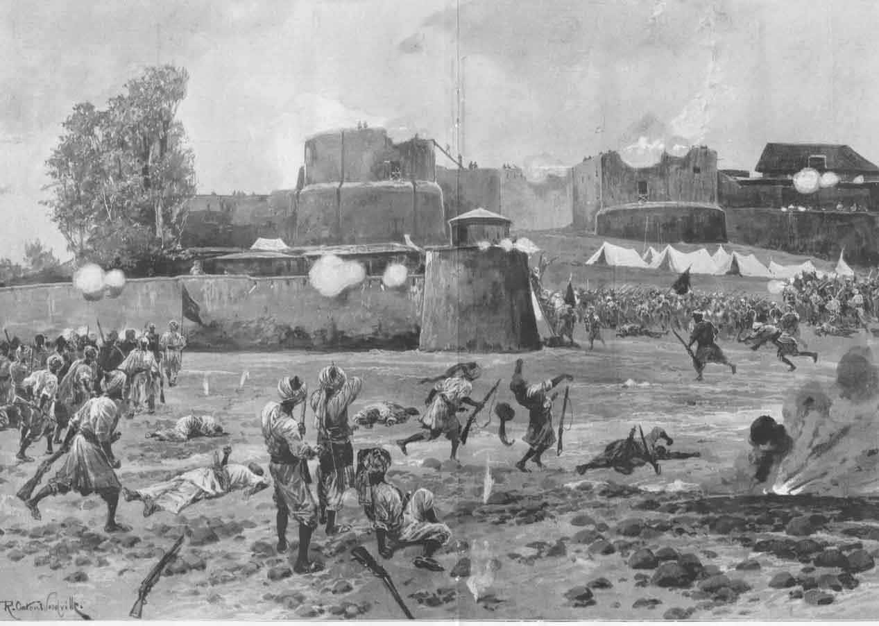Pashtun tribesmen attacking a British–held fort in 1897, Shabka…