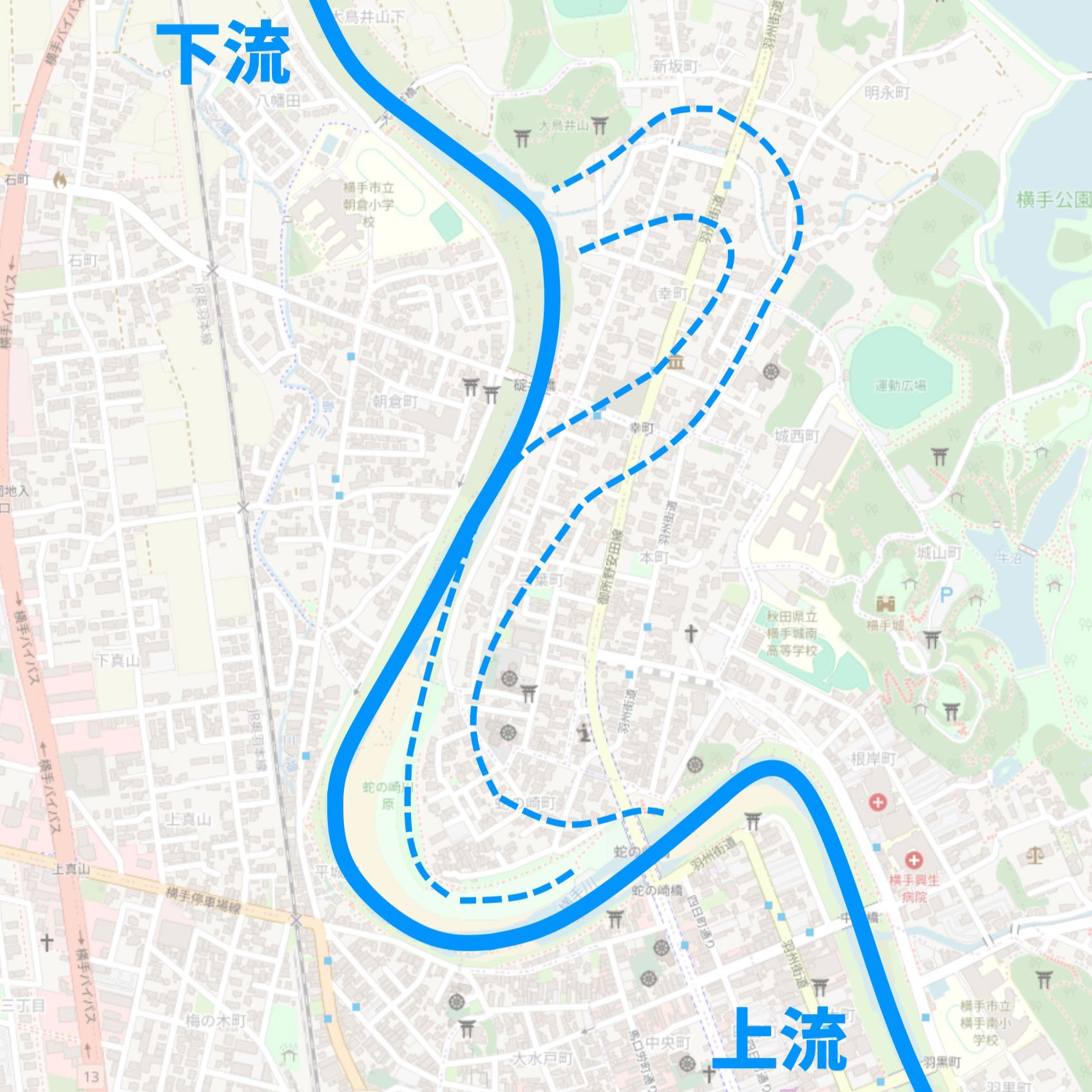 秋田県横手市を流れる横手川 (雄物川水系) の江戸時代以降の流路 (実線) とそれ以前の流路 (破線部内側) を示したもの。国…
