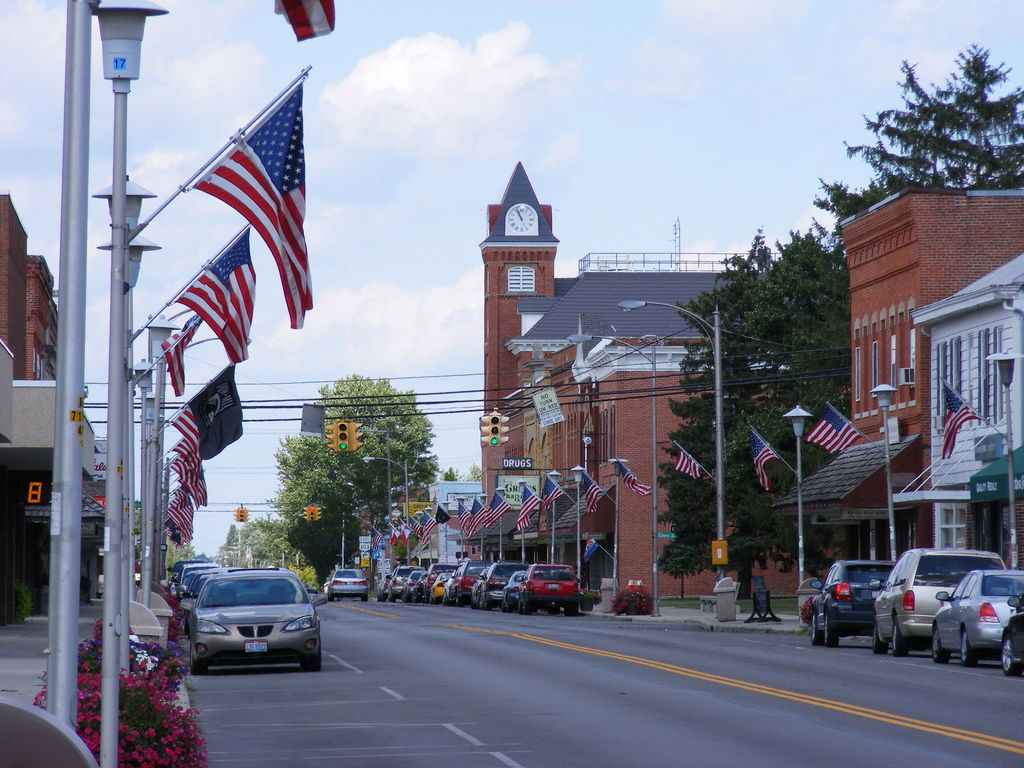 A look down Main Street in Bluffton, Ohio, including town hall …