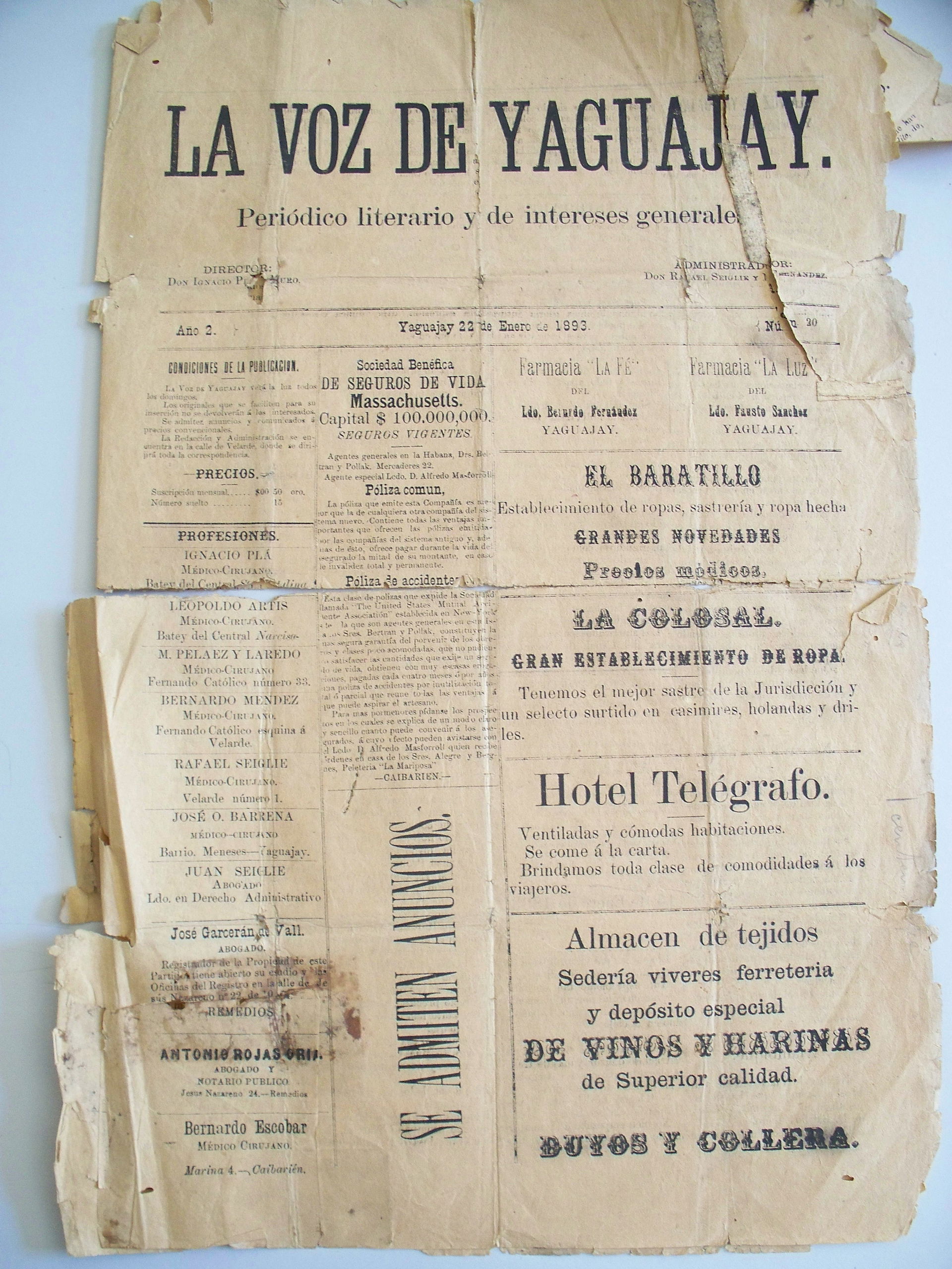 Portada de ejemplar del periódico La Voz de Yaguajay, 1893