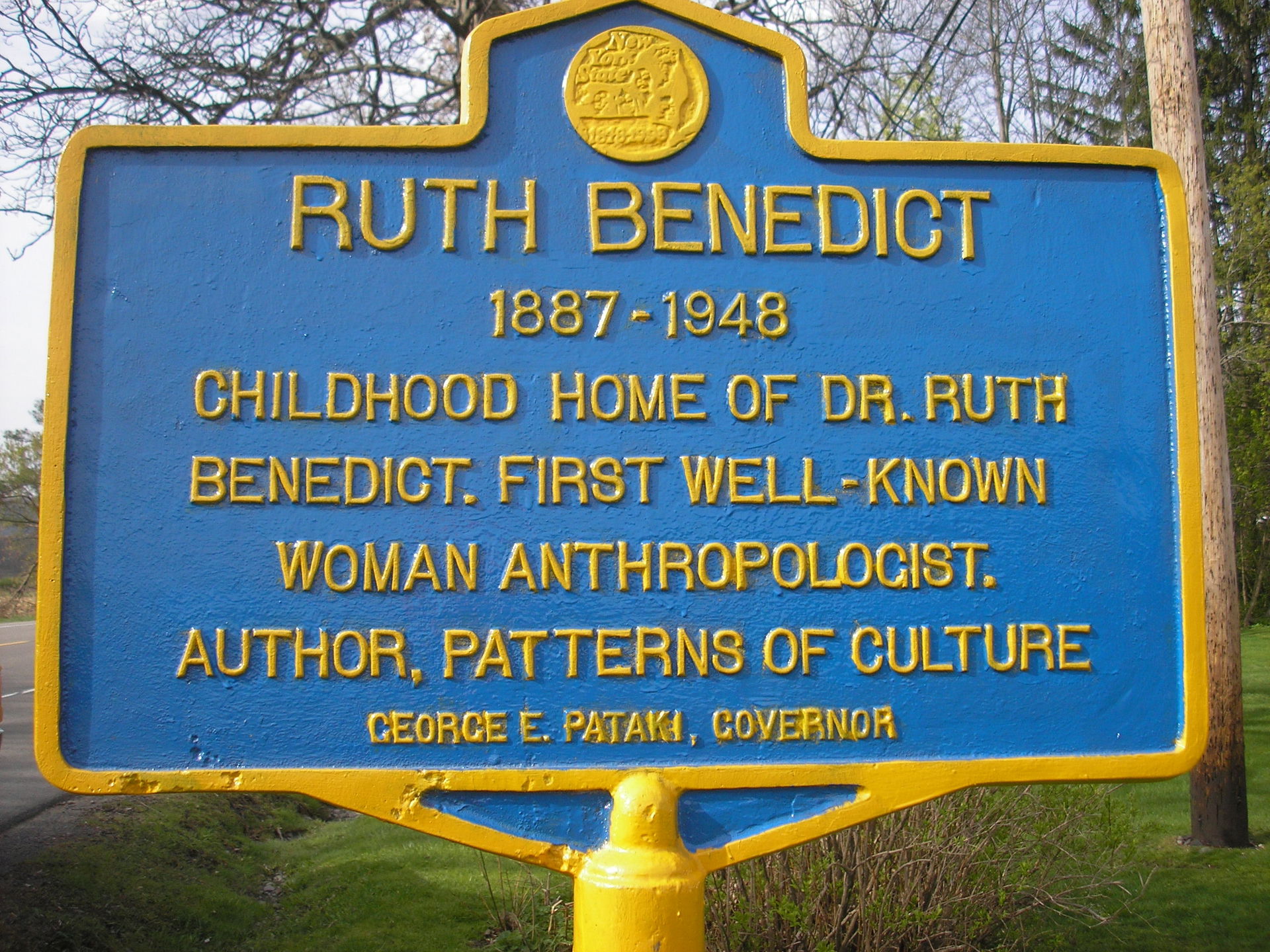 Historic marker of Ruth Benedict, 1887-1948, childhood home. Sh…