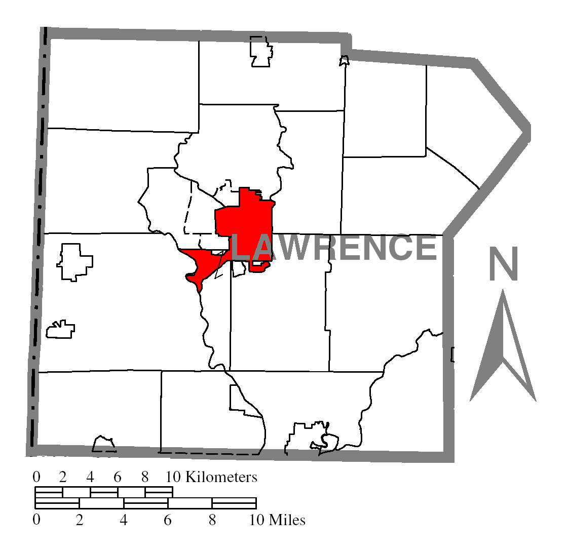Map of Lawrence County higlighting New Castle.