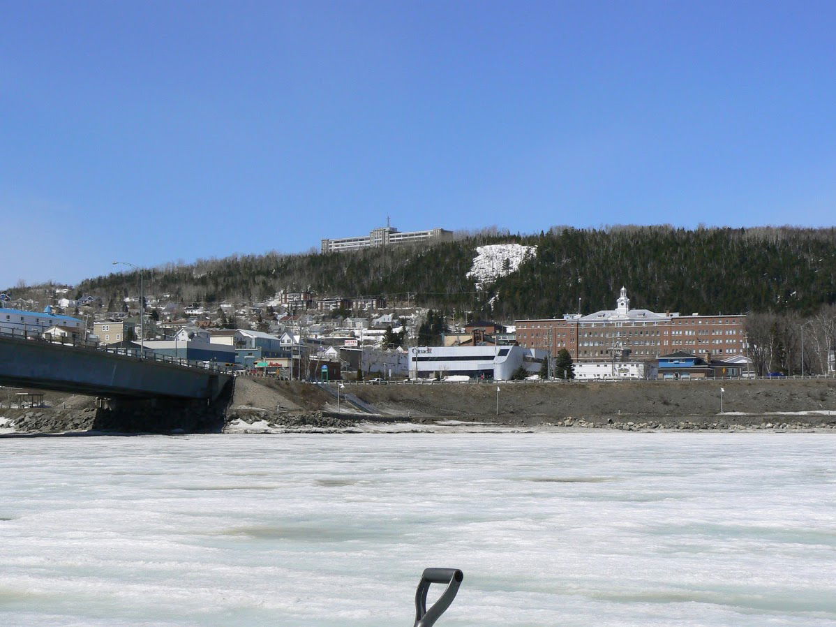 View of Gaspé, Québec downtown area from bay in winter