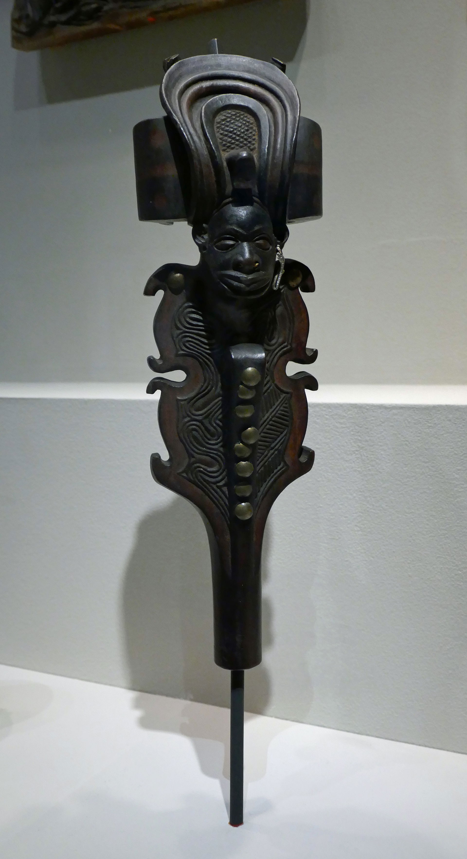 Chokwe scepter finial 
Angola
Mid-19th century
Wood, brass tack…