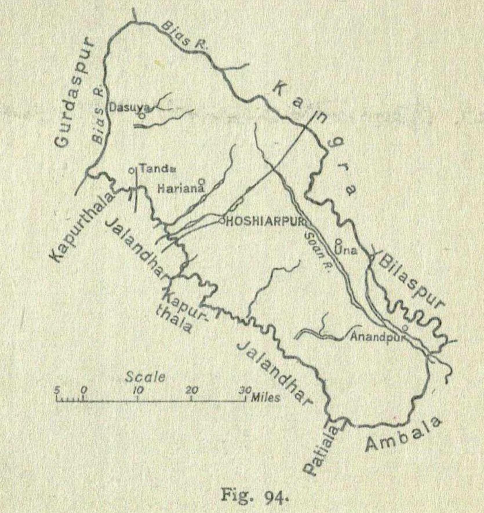 Map of Hoshiarpur district of Punjab Province, British India, p…