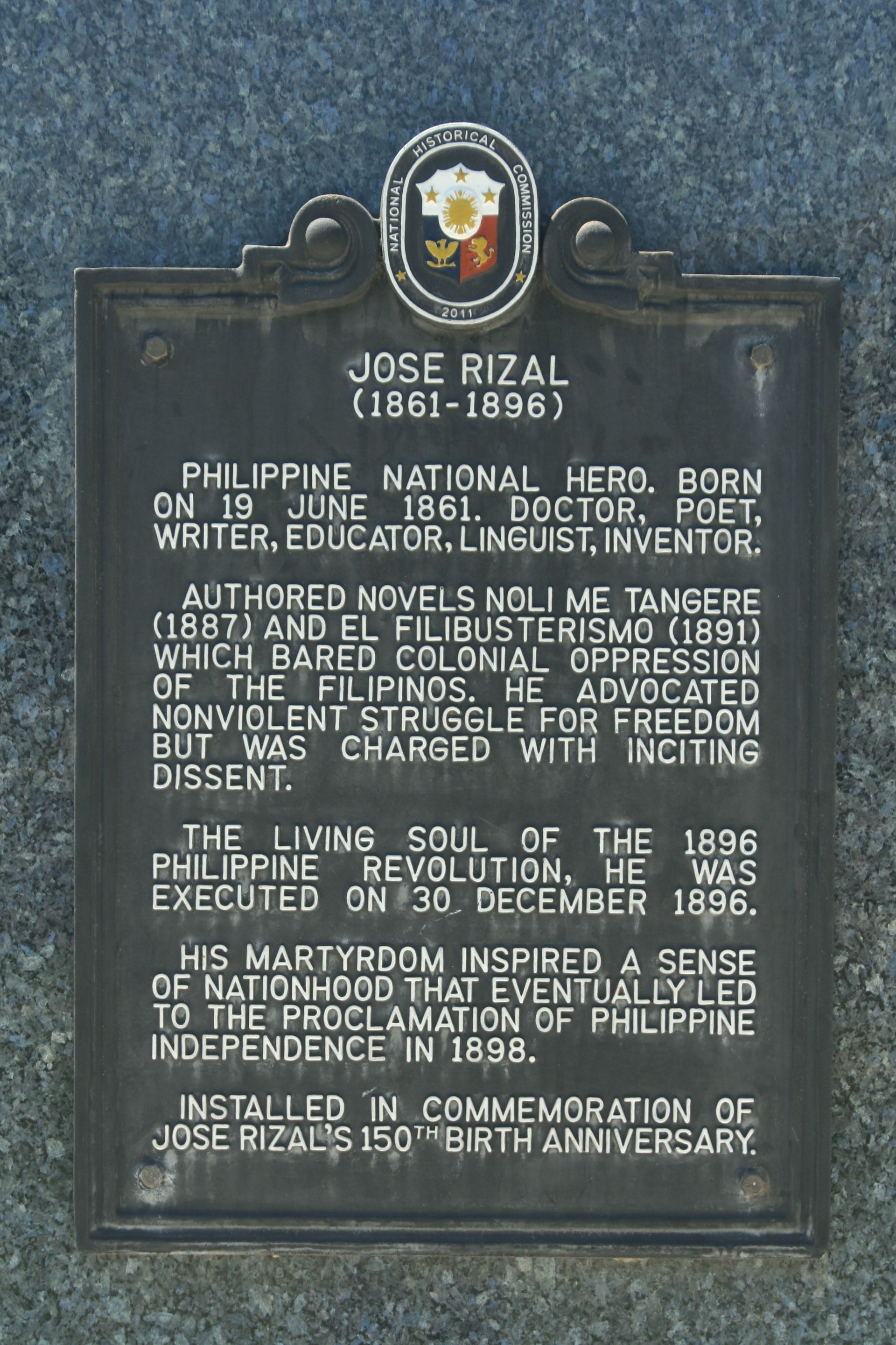 Historical marker commemorating José Rizal at the Carson Intern…