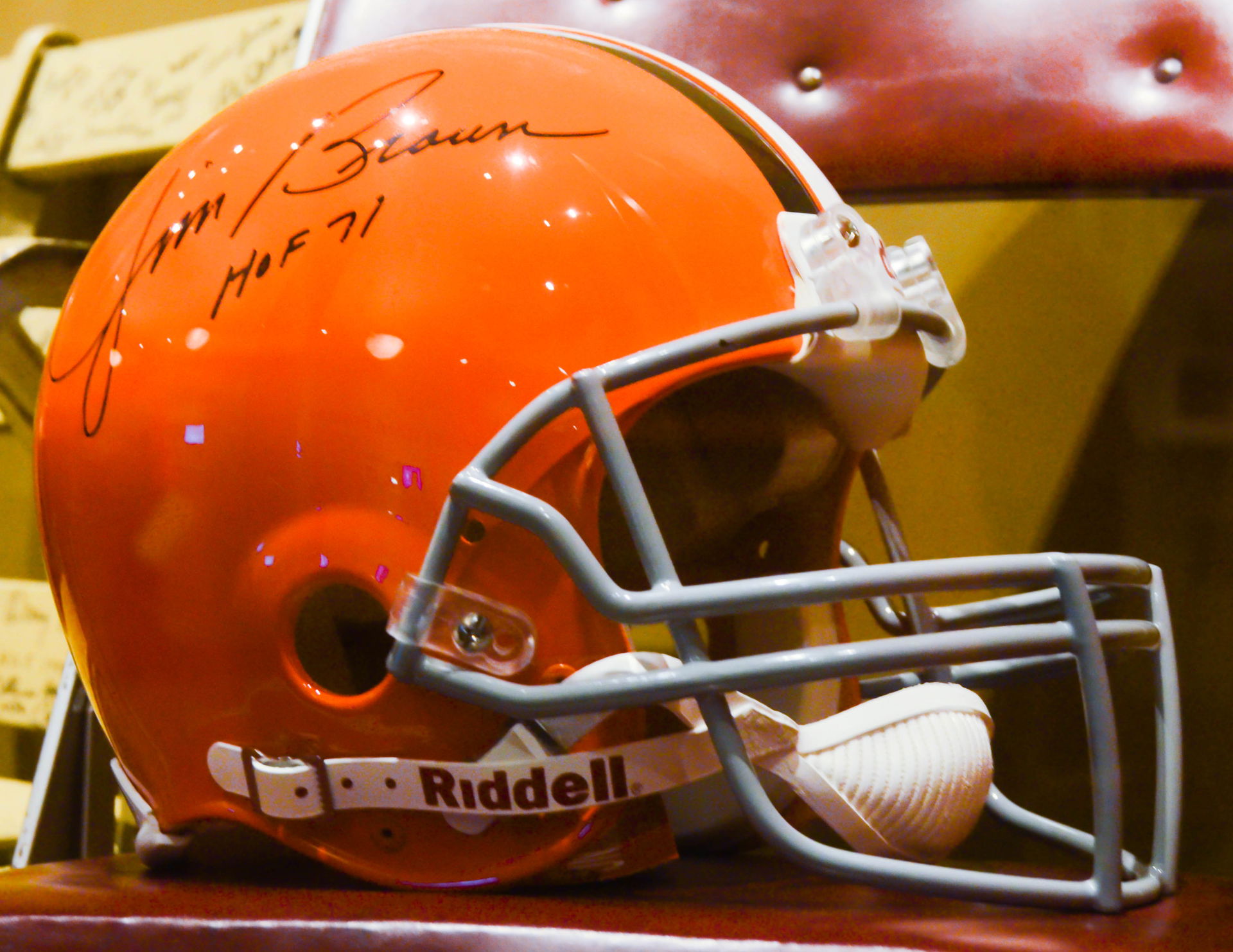 modern Cleveland Browns helmet signed by Jim Brown