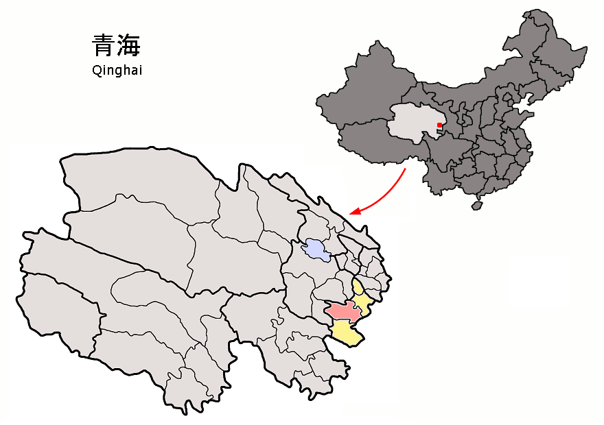 Location of Zêkog County (pink) and Huangnan Prefecture (yellow…