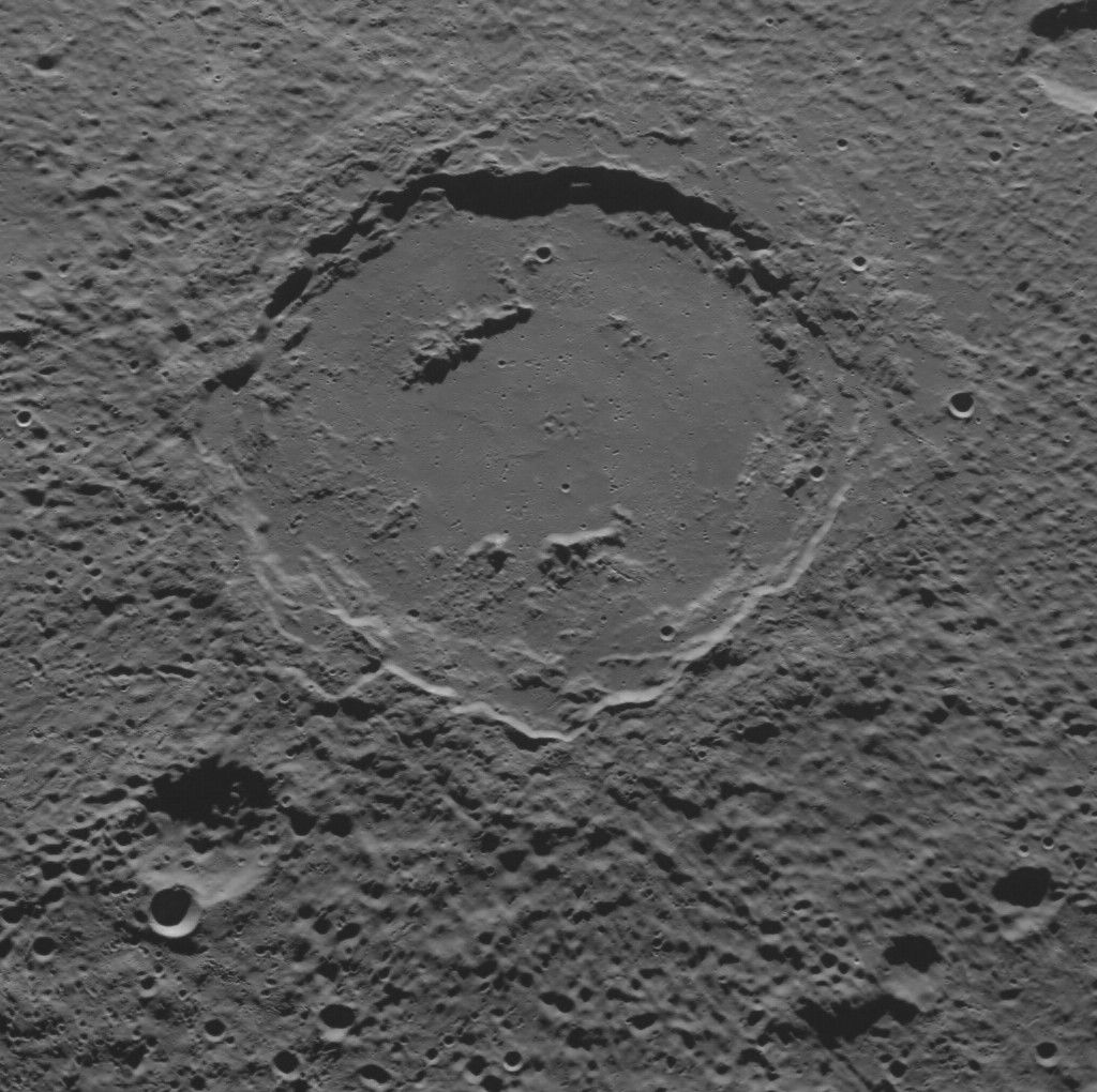 Slightly oblique view of Sousa crater on Mercury. North is at …