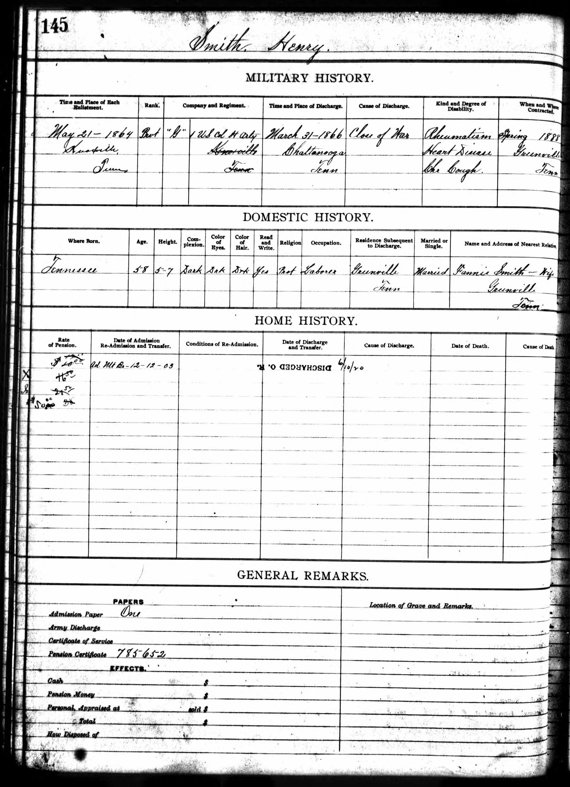 Henry Smith in Register of Johnson City TN Soldiers Home U.S., …