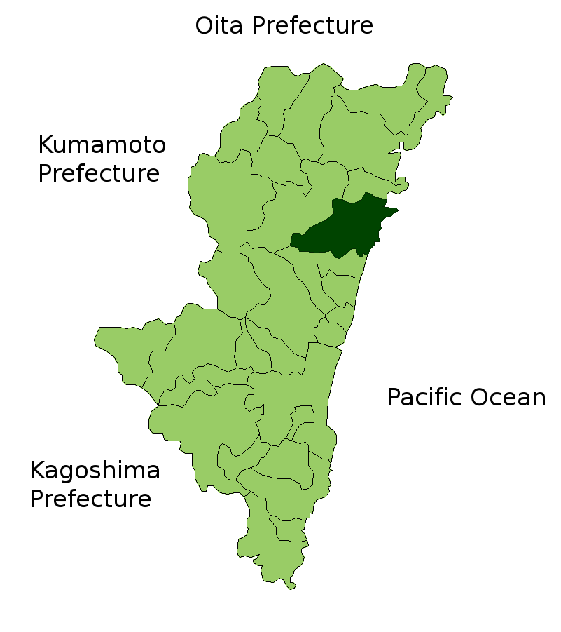 Map of Miyazaki Prefecture highlighting Hyuga city. Borders of …
