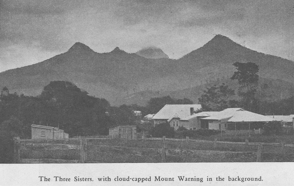 Town of Uki at the base of Mount Warning.
The Three Sisters wit…