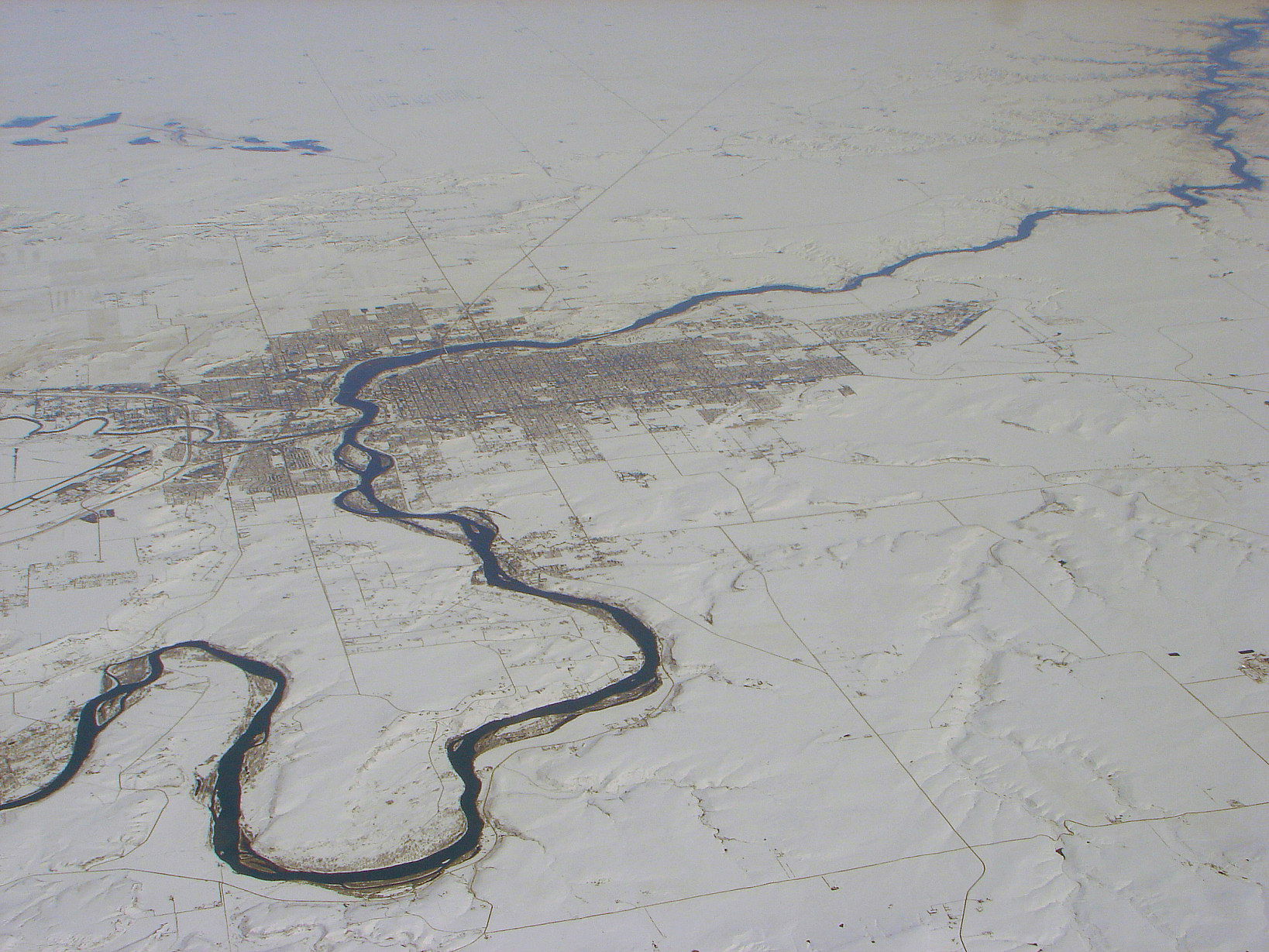 Aerial view of Great Falls, Montana — and the Missouri River.
