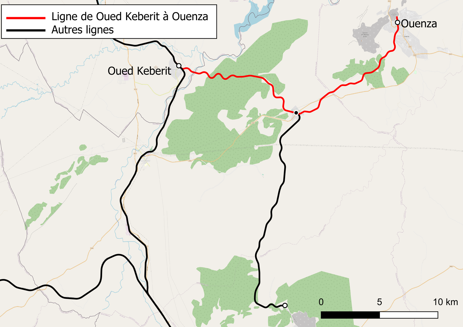 Tracé de la ligne de Oued Keberit à Ouenza avec fond OSM