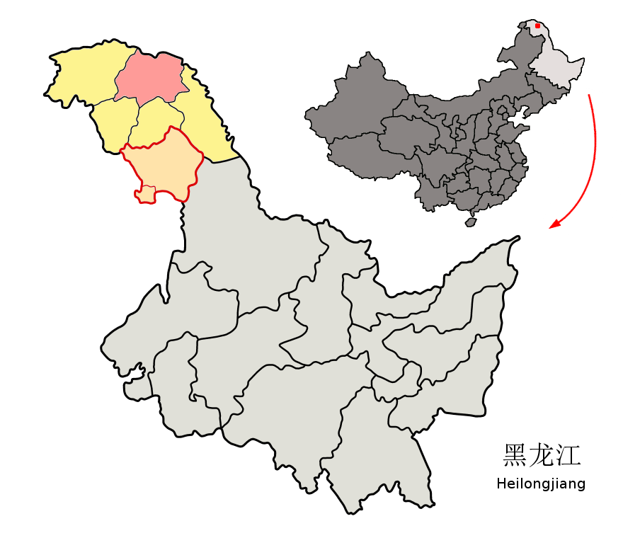 Location of Tahe County (pink) and Daxing'anling Prefecture (ye…