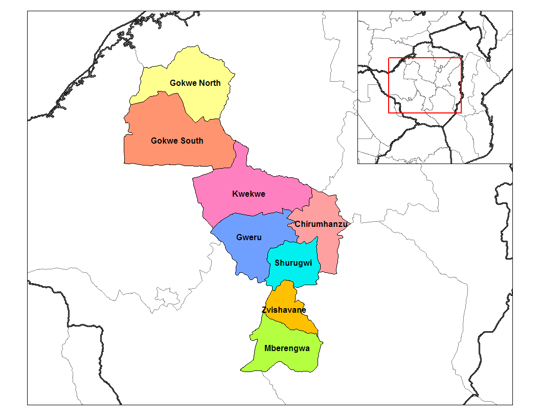 Map of the districts of Midlands province of Zimbabwe. Created …