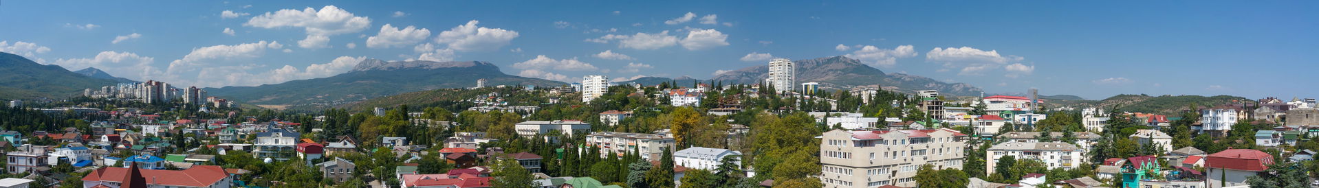 Панорама Алушты с видом на Чатыр-Даг и Демерджи