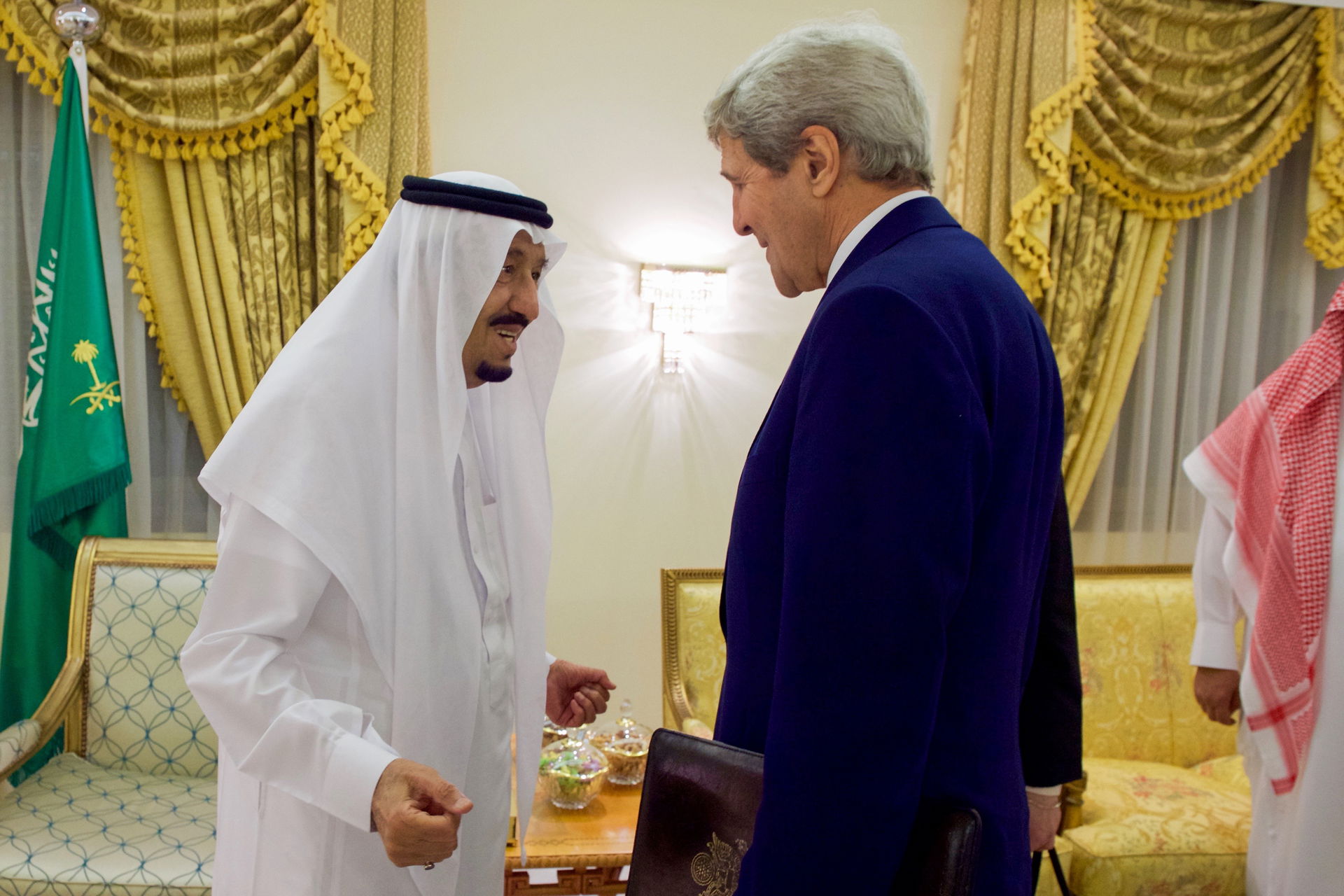 Saudi Arabia King Salman greets U.S. Secretary of State John Ke…