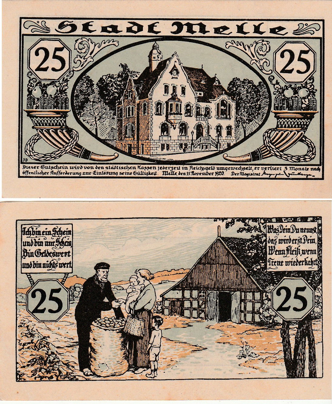 Ein deutscher Notgeldschein (Vorder- und Rückseite) aus Melle, …