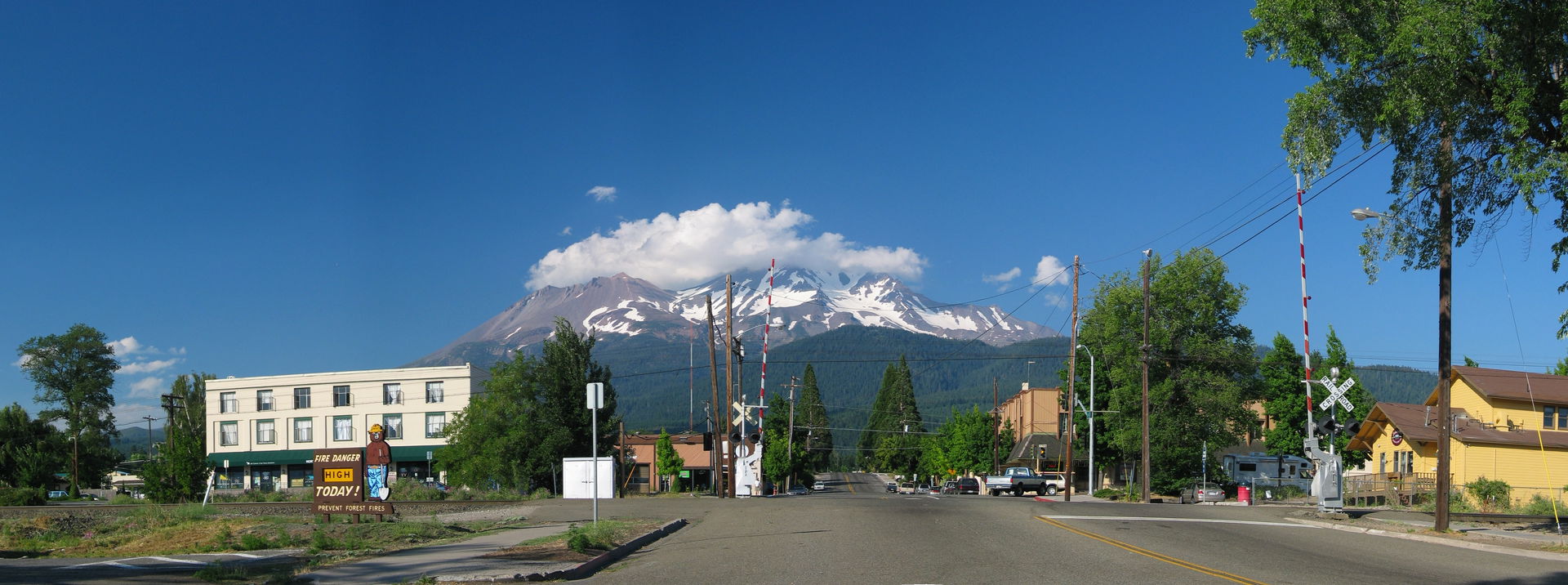 Panoramic of the City of Mount Shasta, with Mount Shasta in the…