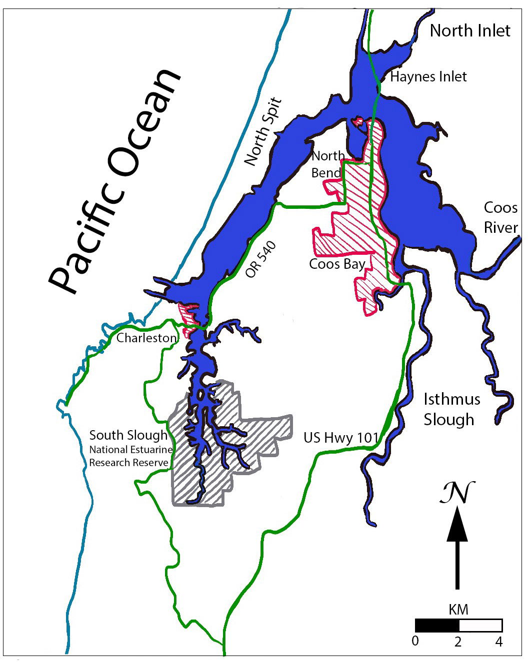 A hand-drawn map of Coos Bay / South Slough estuaries, Oregon w…
