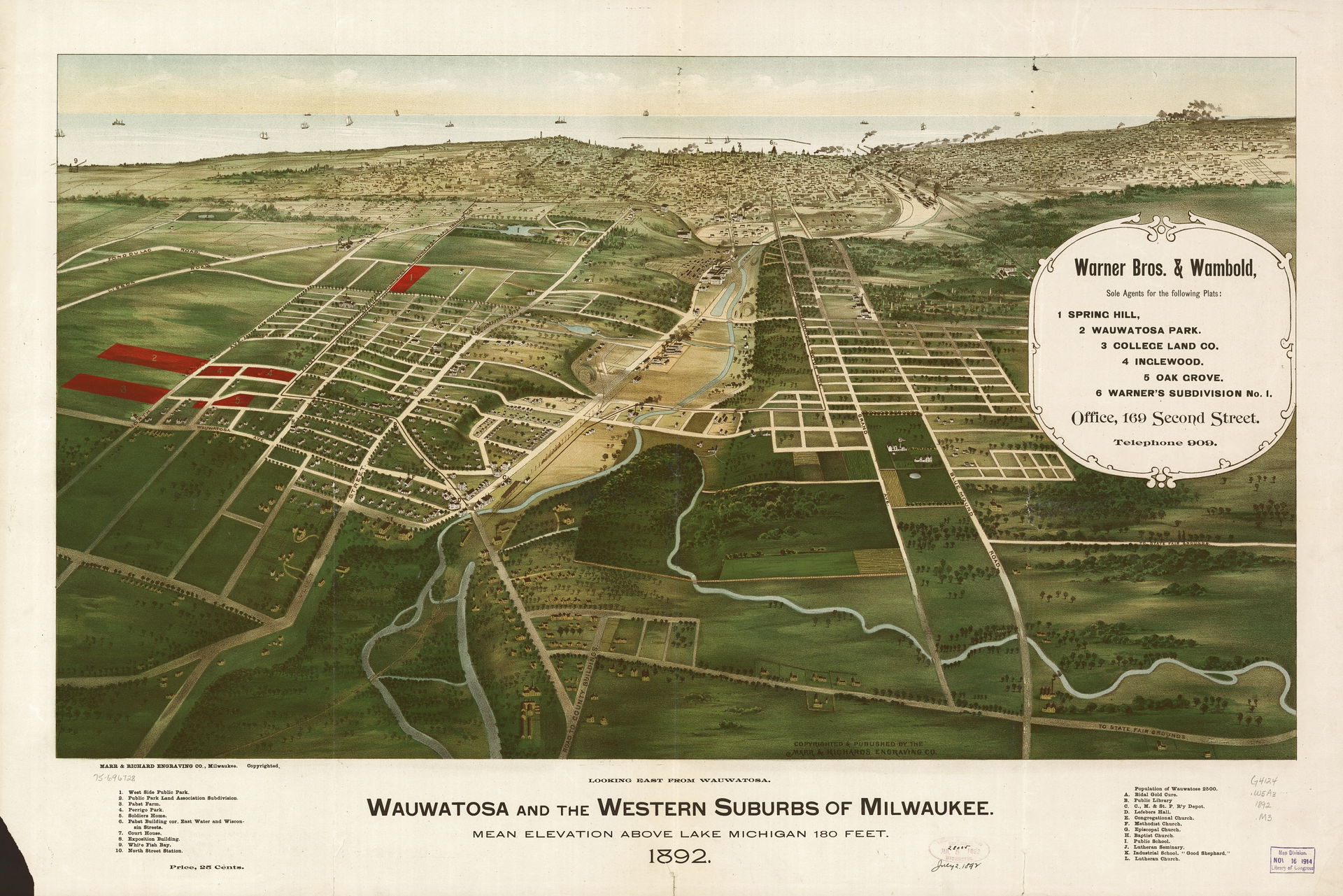 1892 aerial map of Wauwatosa, Wisconsin, looking east toward Mi…