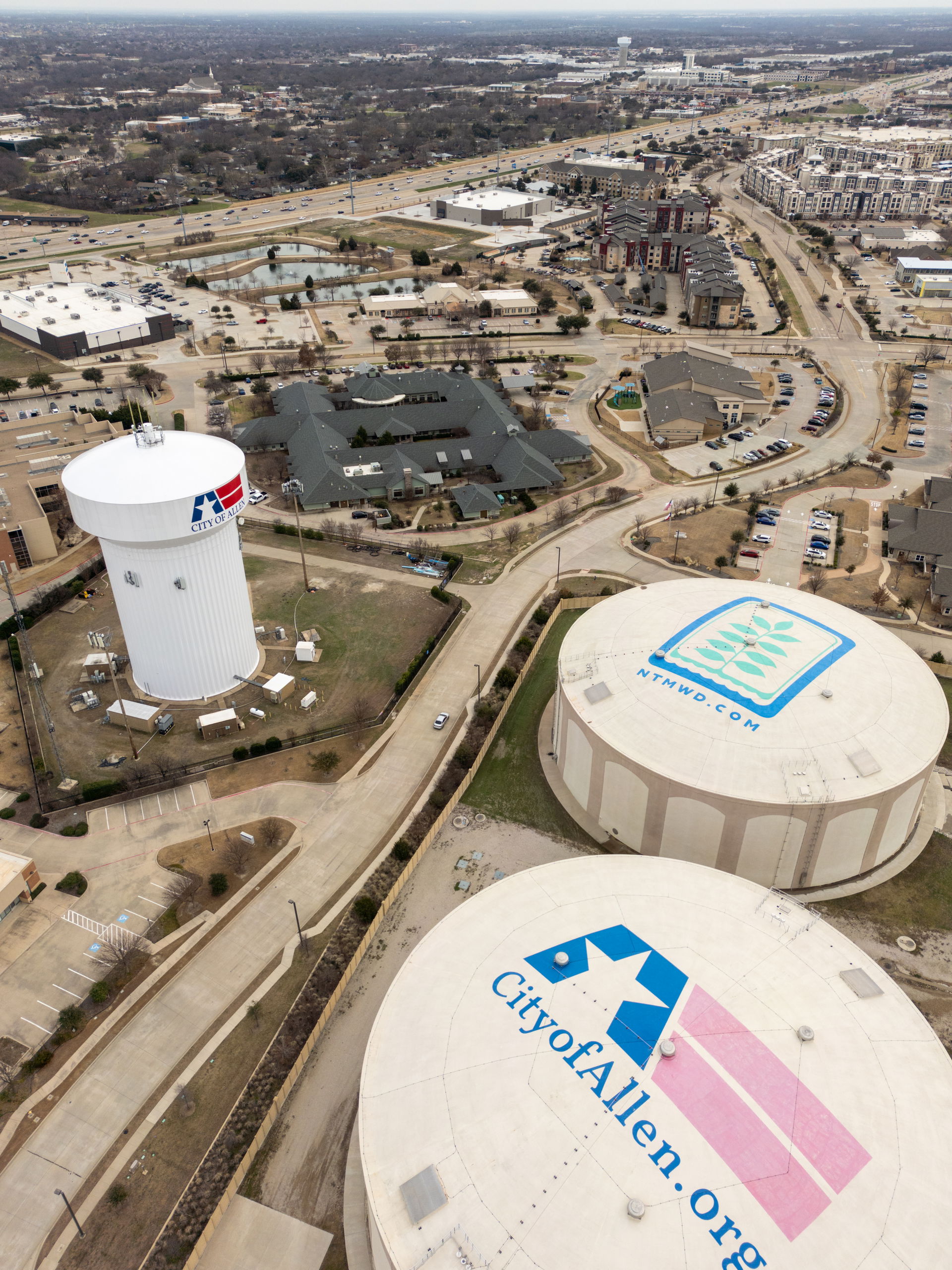 Aerial photo of the city of Allen water tower and water storage…