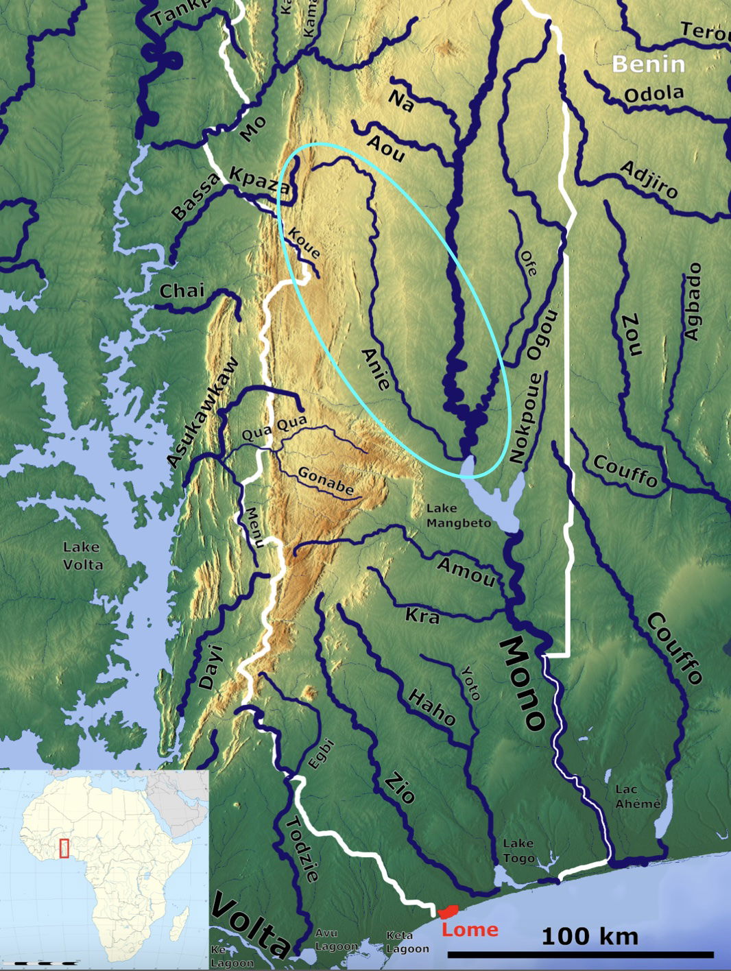 Karte mit Highlight des Anie River (Togo)