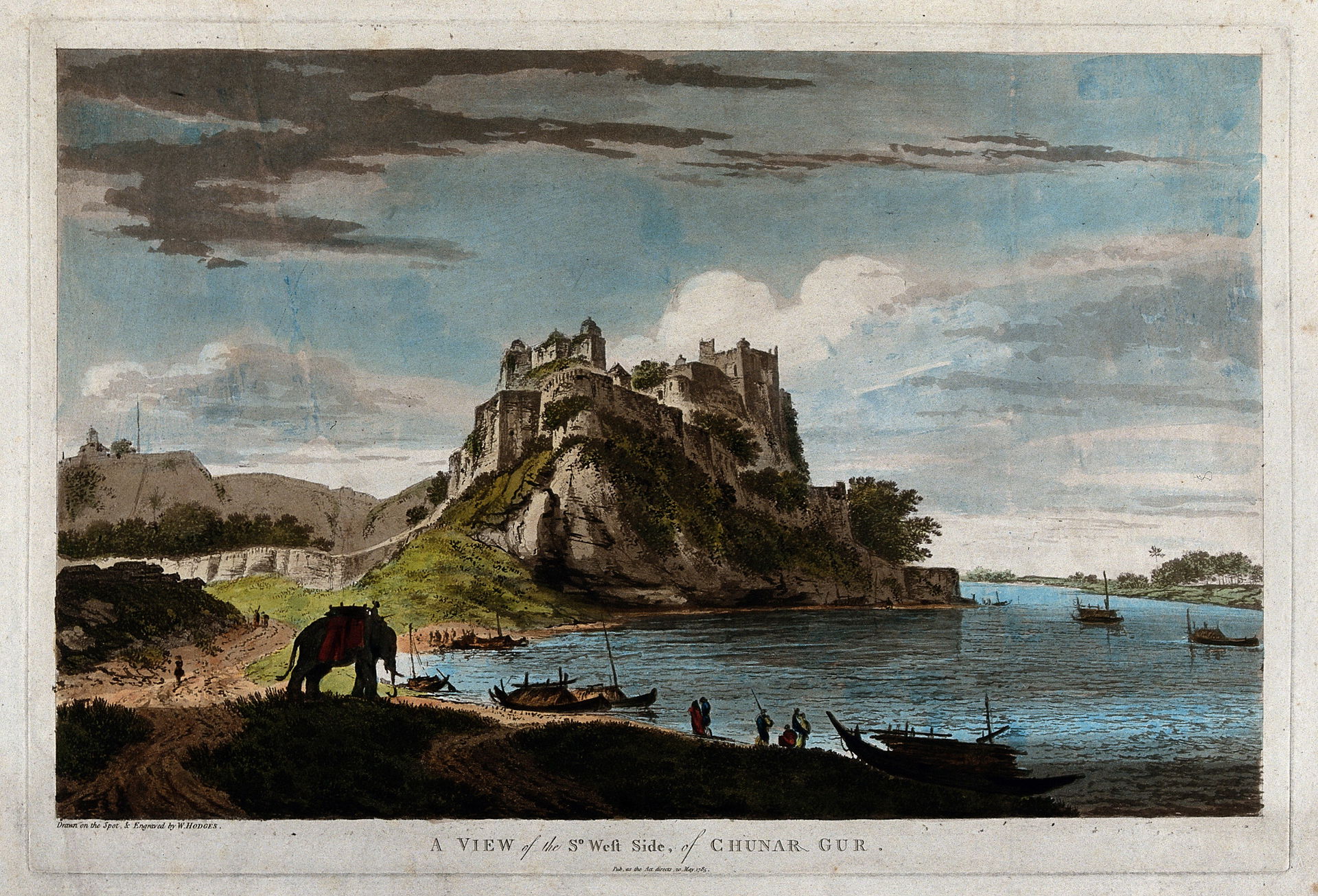 Chunar seen from the Ganges, Uttar Pradesh. Coloured etching by…