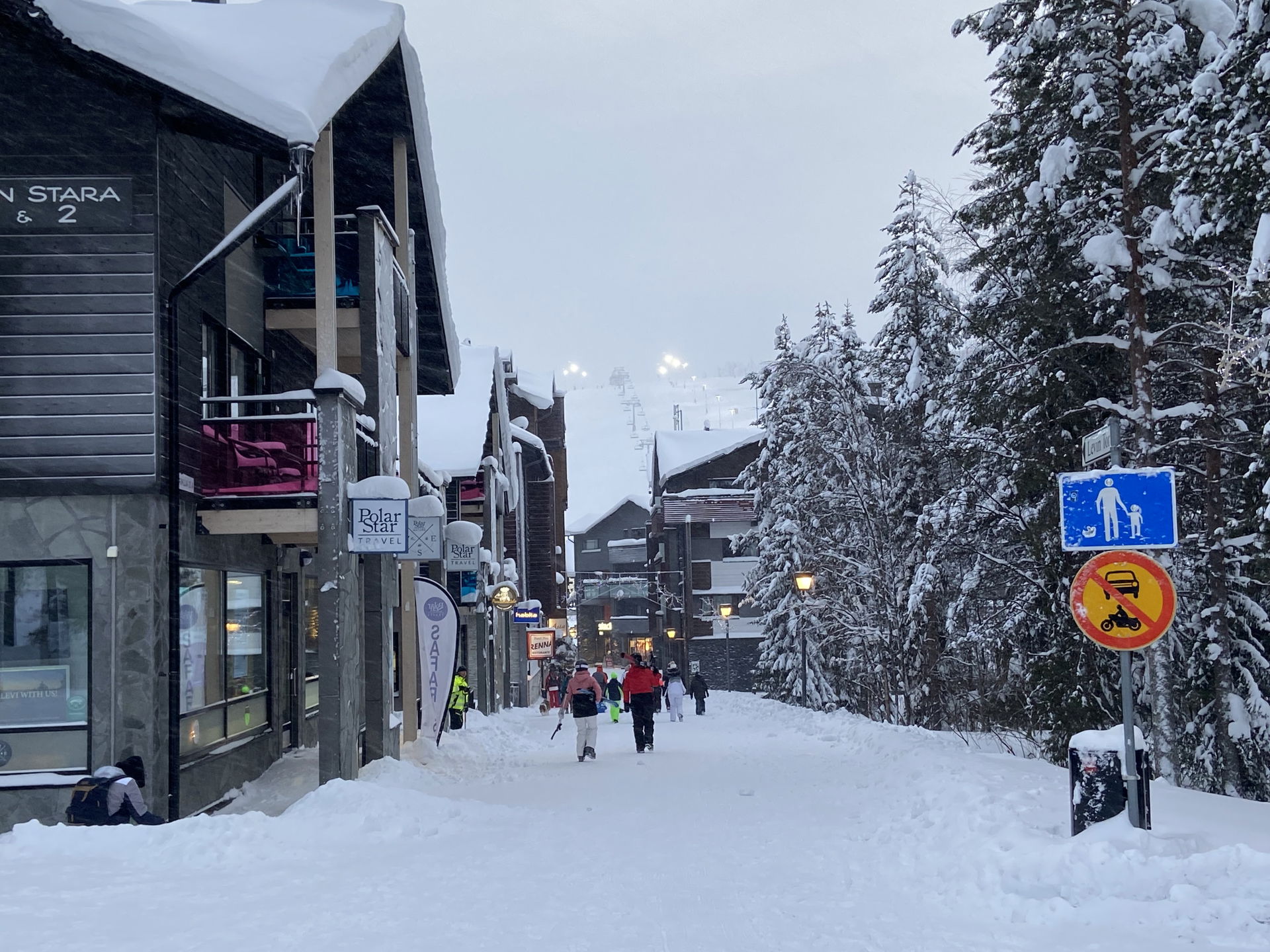 View down Torikuja, a street in Levi ski resort in Sirkka, Lapl…